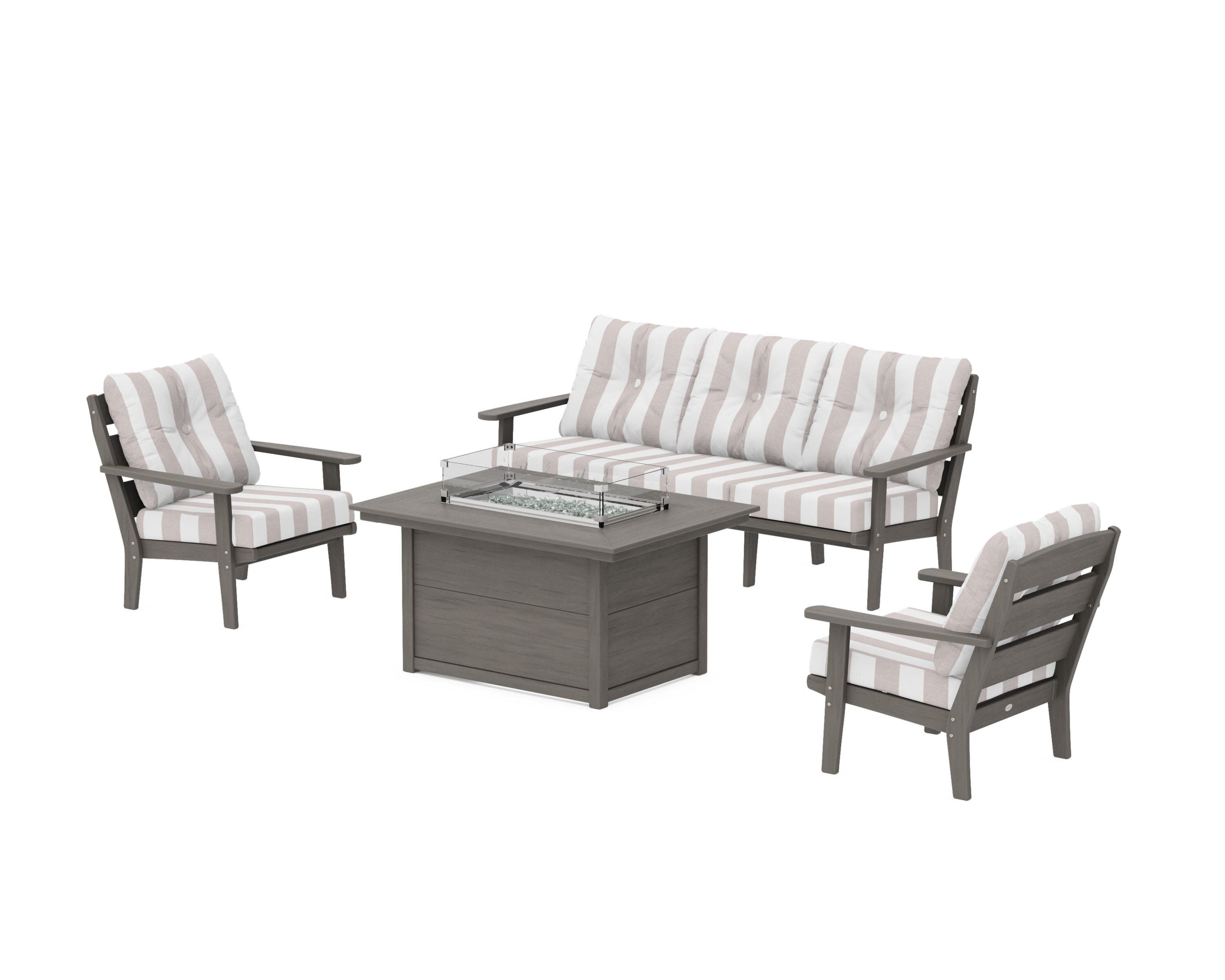 Lakeside Deep Seating Fire Pit Table Set in Driftwood / Cabana Stripe Dune Burlap
