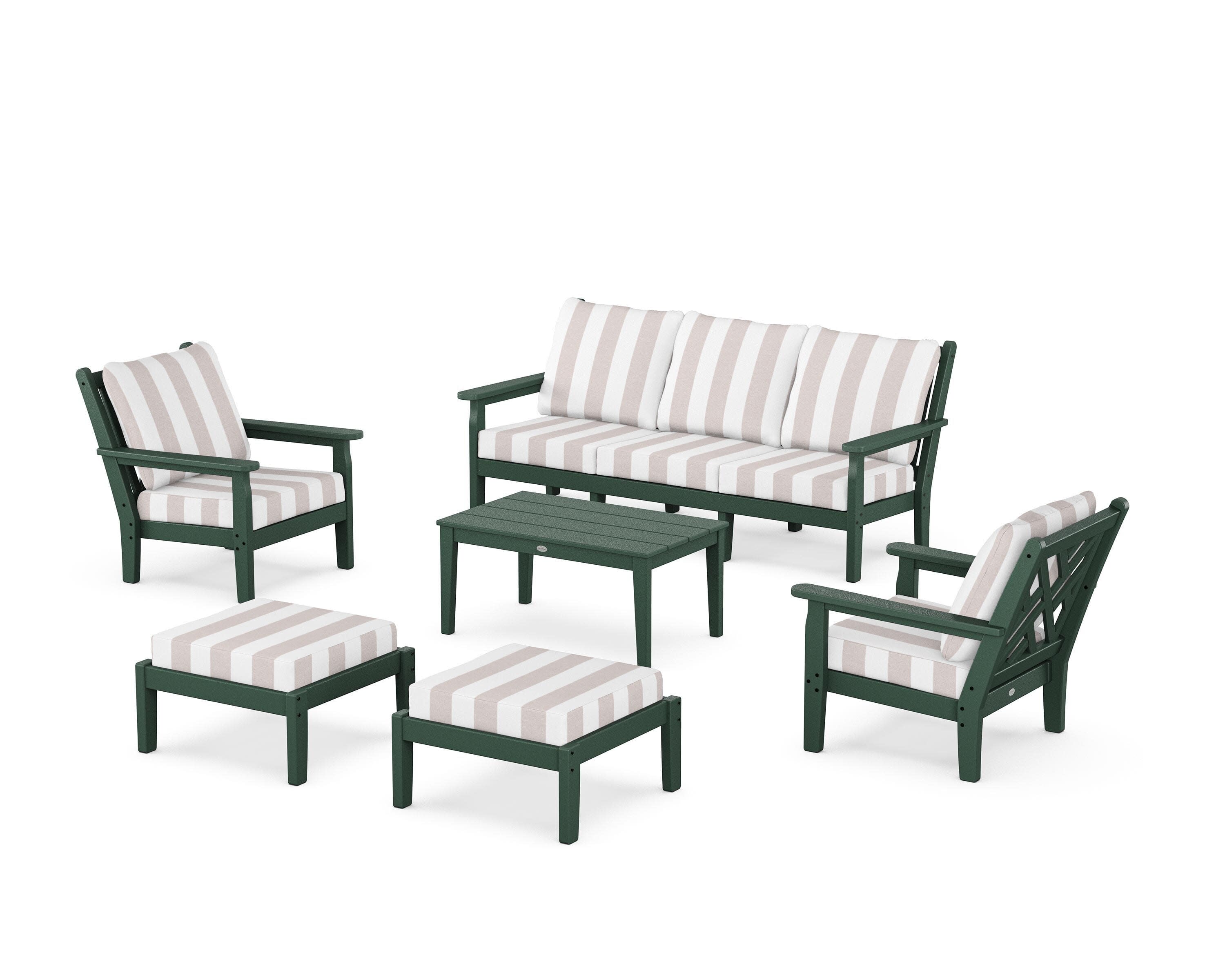 Chippendale 6-Piece Lounge Sofa Set in Green / Cabana Stripe Dune Burlap