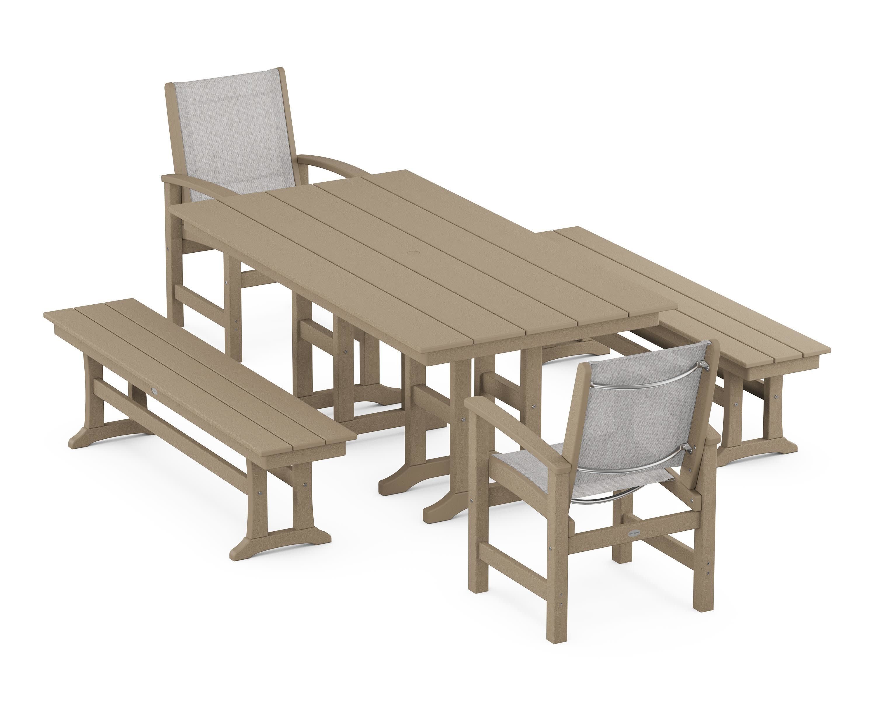 Coastal 5-Piece Farmhouse Dining Set in Vintage Sahara / Parchment Sling
