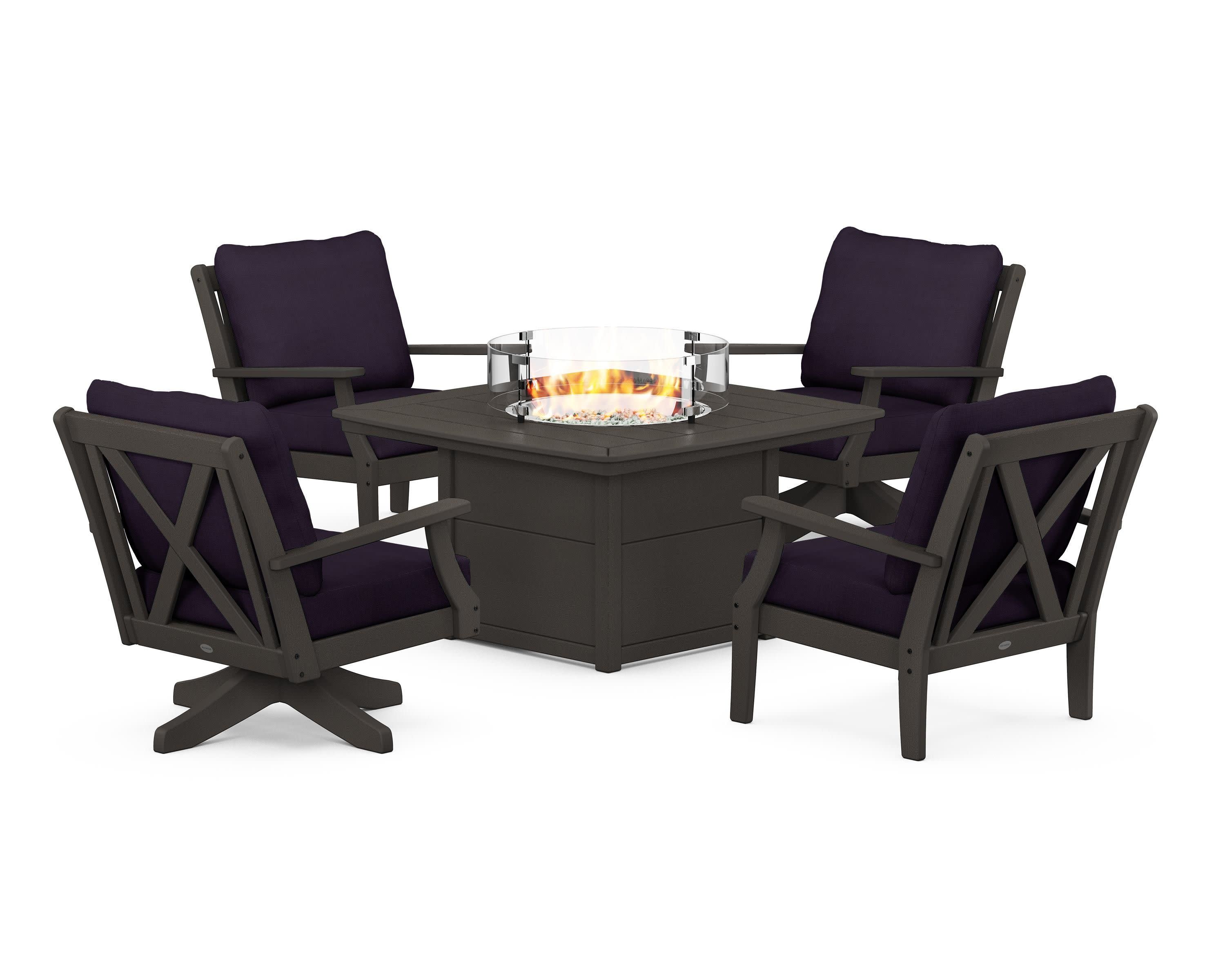 Braxton 5-Piece Deep Seating Set with Fire Table in Vintage Coffee / Navy Linen