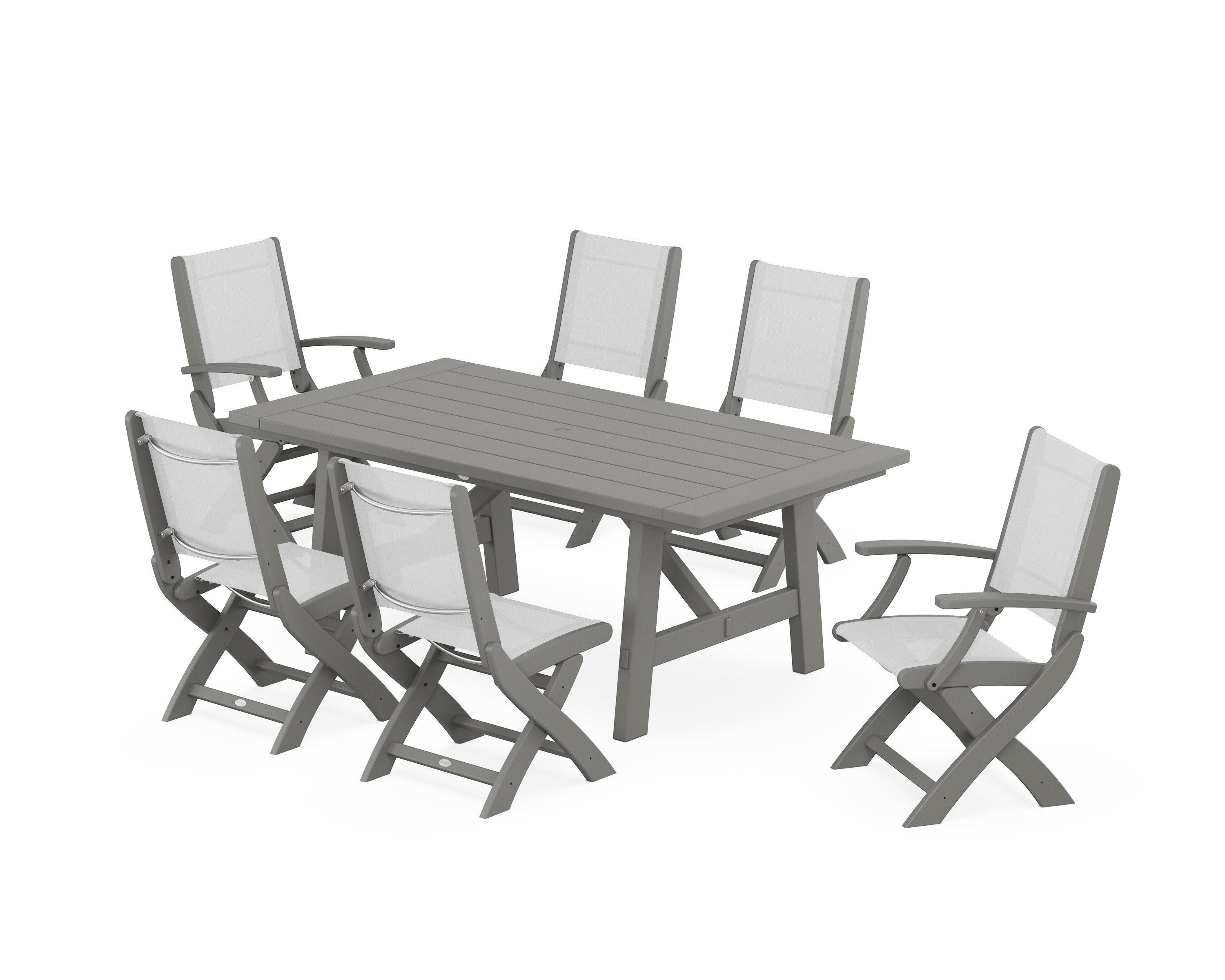 Coastal Folding Chair 7-Piece Rustic Farmhouse Dining Set in Slate Grey / White Sling