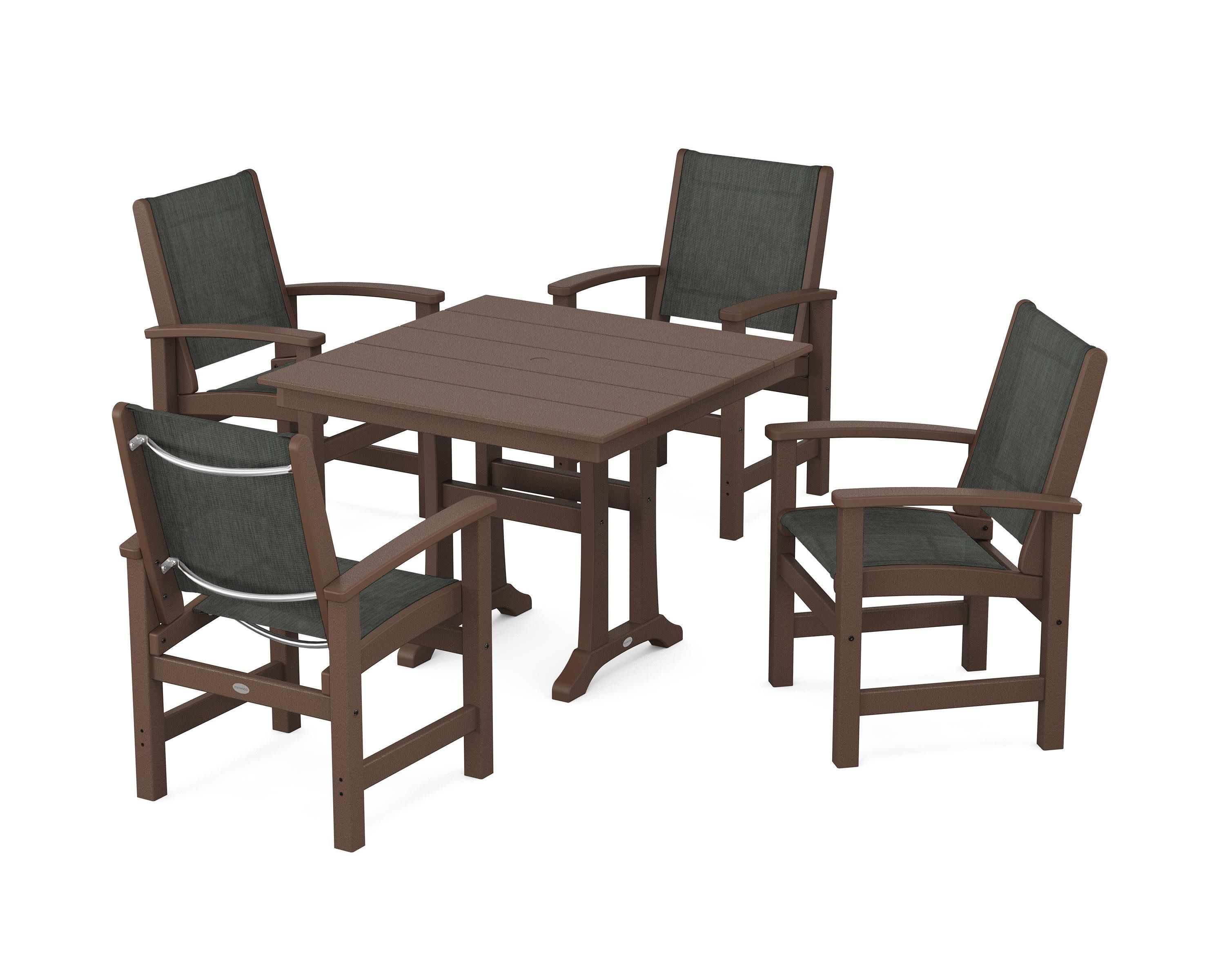 Coastal 5-Piece Farmhouse Dining Set With Trestle Legs in Mahogany / Ember Sling