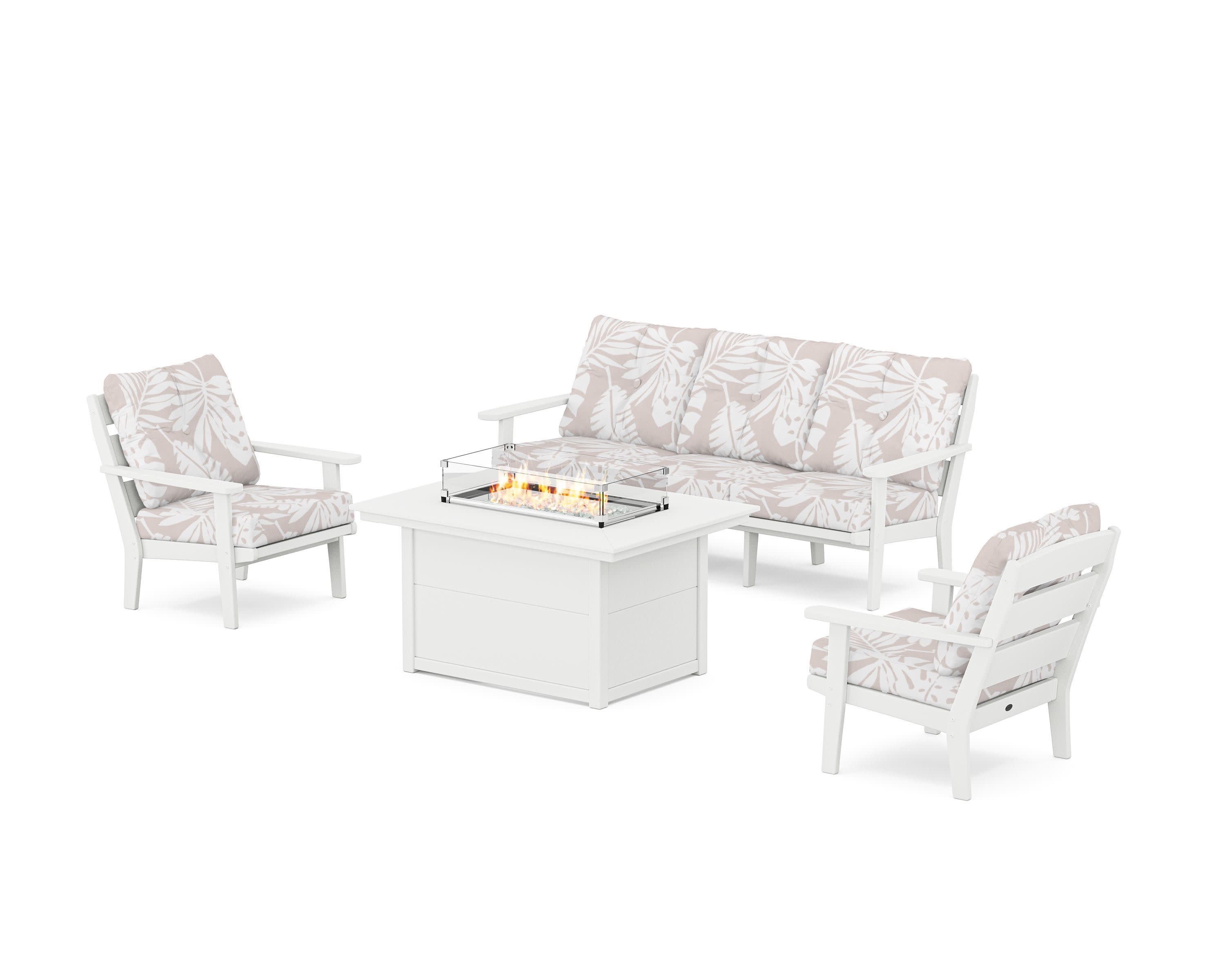 Lakeside Deep Seating Fire Pit Table Set in White / Leaf Dune Burlap