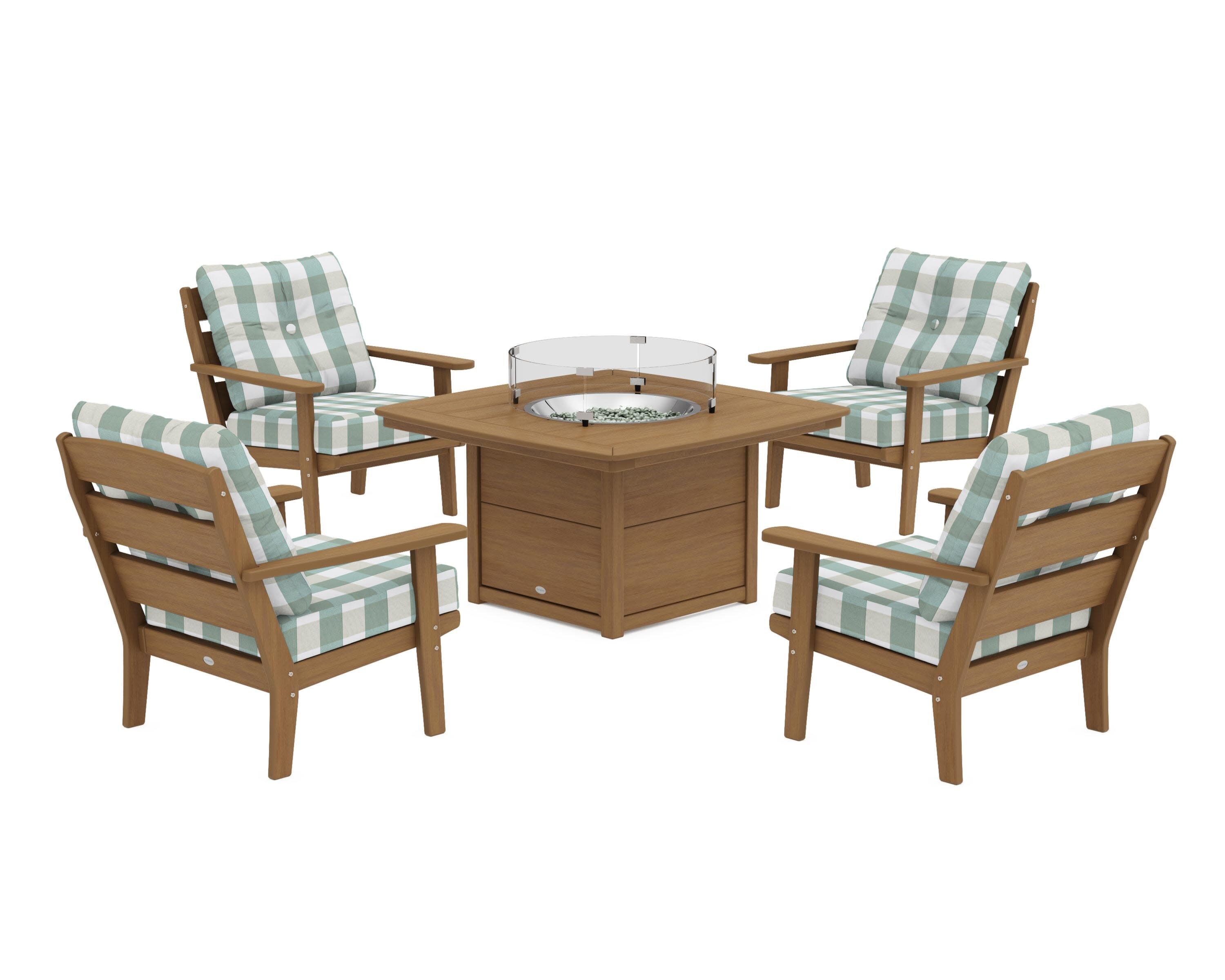 Lakeside 5-Piece Deep Seating Set with Nautical Fire Pit Table in Natural / Buffalo Plaid Glacier Spa