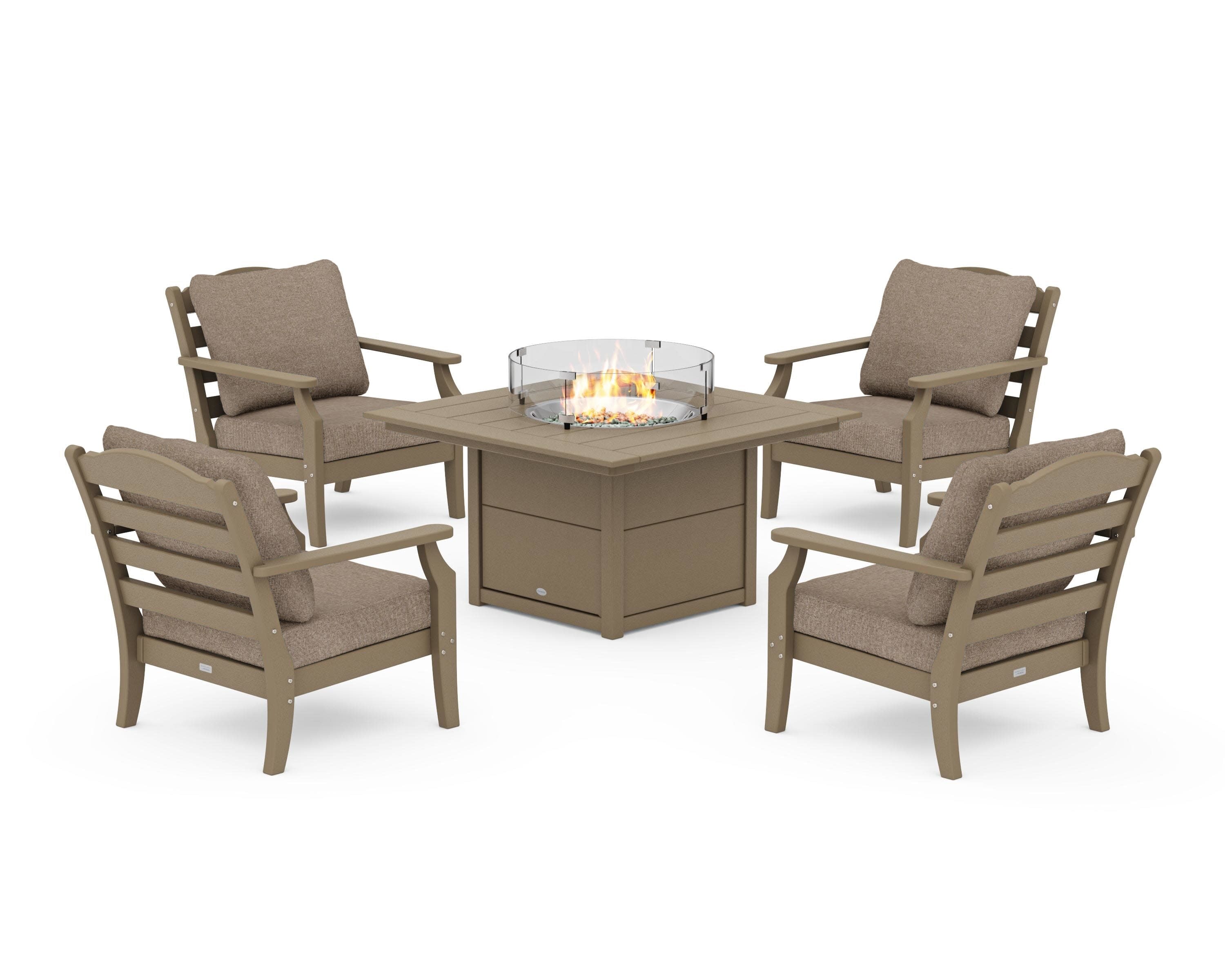 Savannah 5-Piece Deep Seating Set with Fire Pit Table in Vintage Sahara / Spiced Burlap