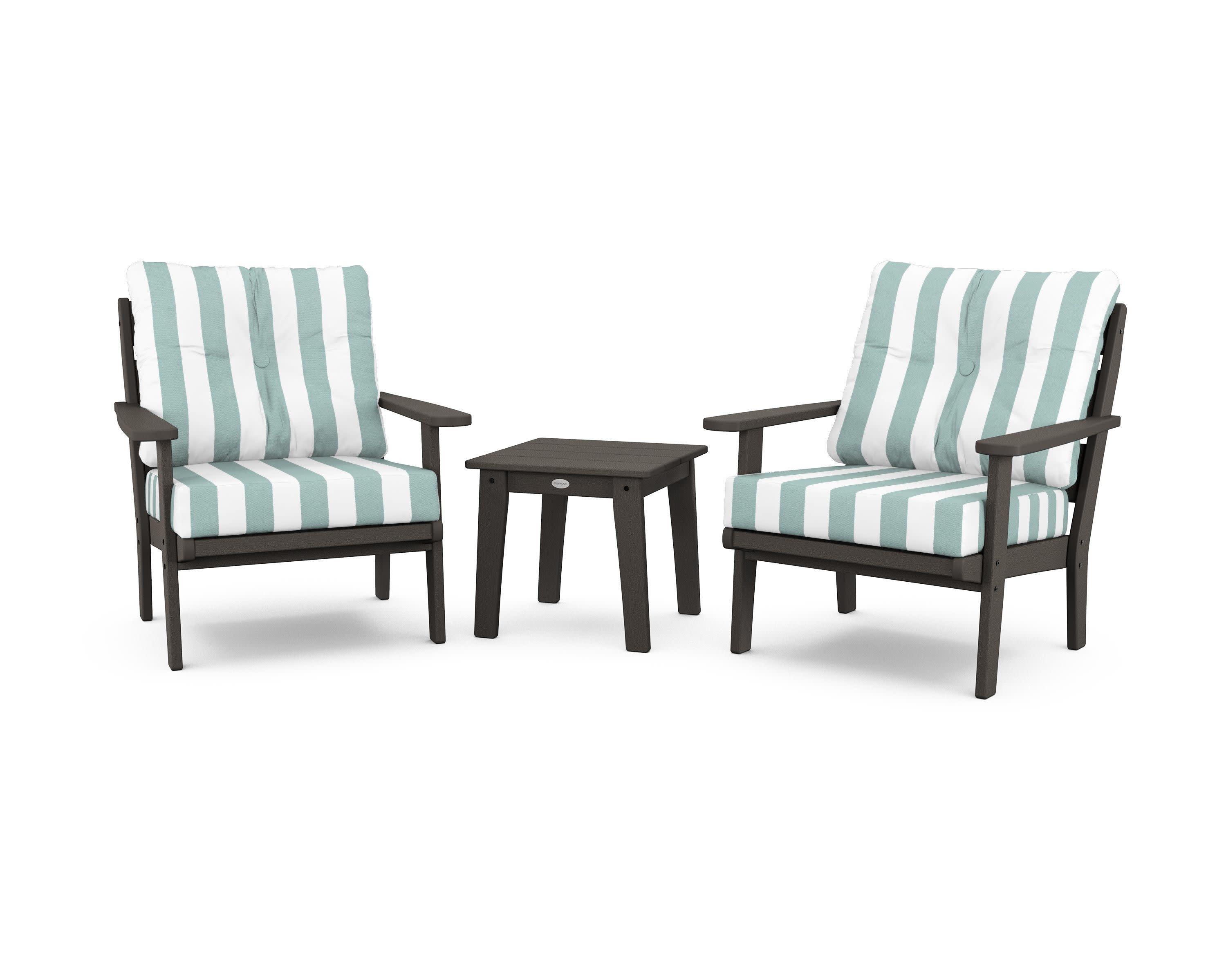 Lakeside 3-Piece Deep Seating Chair Set in Vintage Coffee / Cabana Stripe Glacier Spa