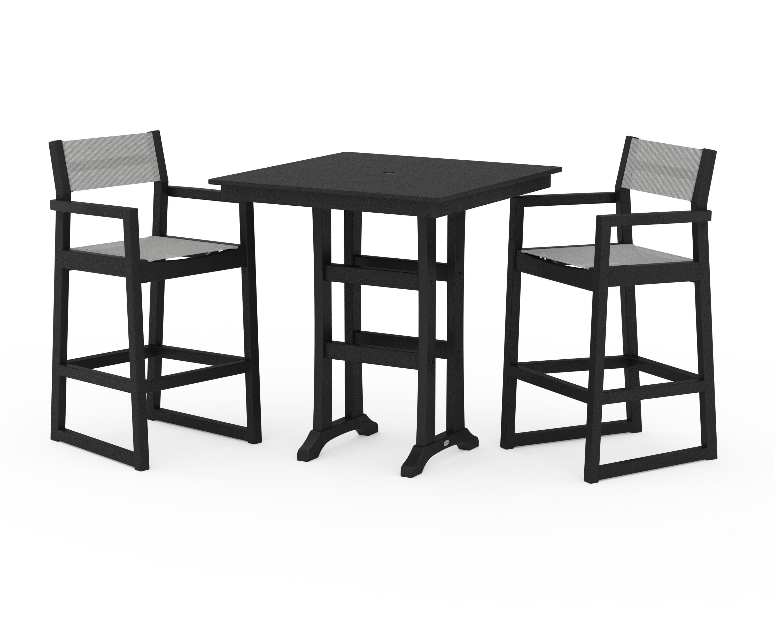 EDGE Sling Arm Chair 3-Piece Farmhouse Bar Set with Trestle Legs in Black / Metallic Sling