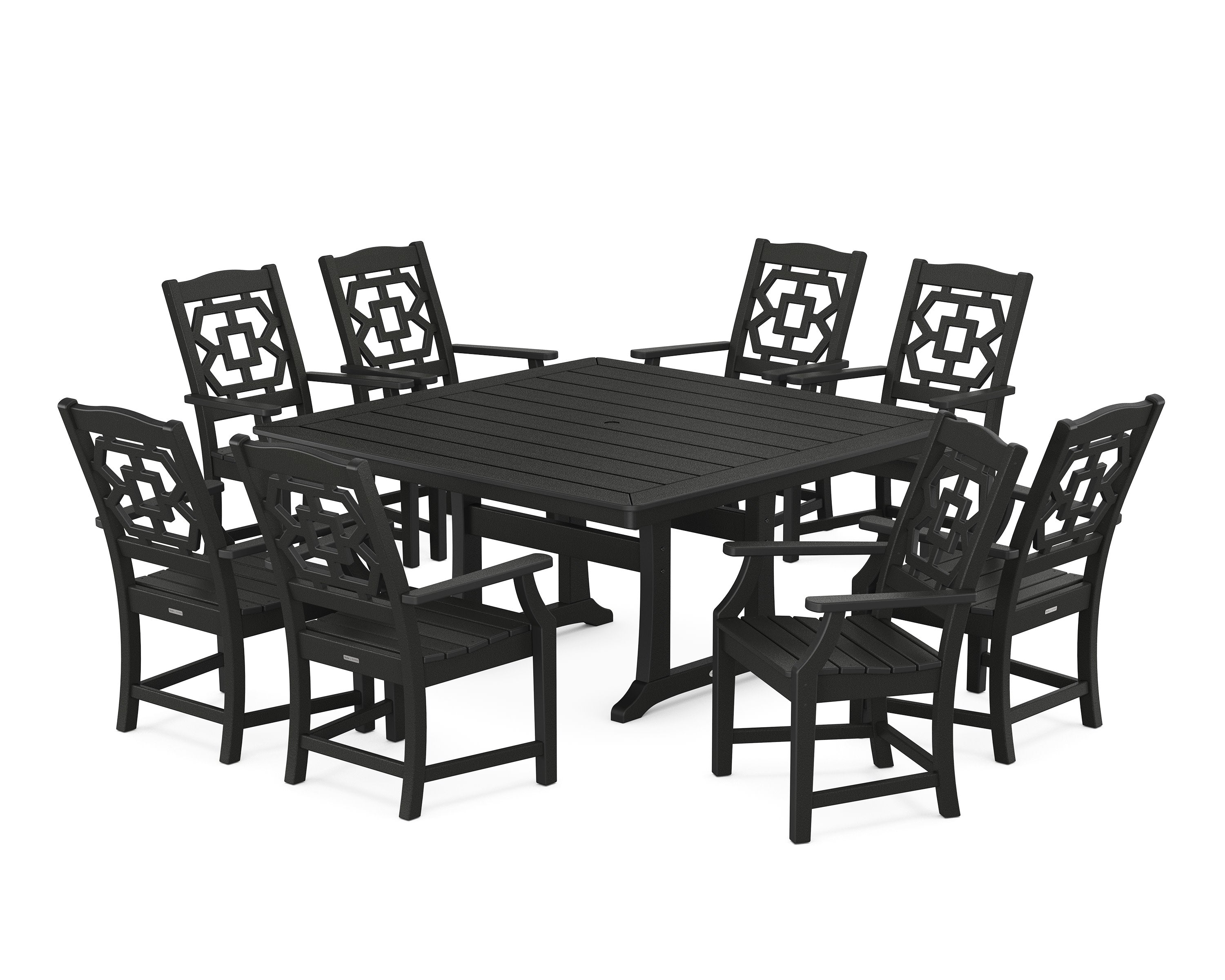 Chinoiserie 9-Piece Square Dining Set with Trestle Legs in Black