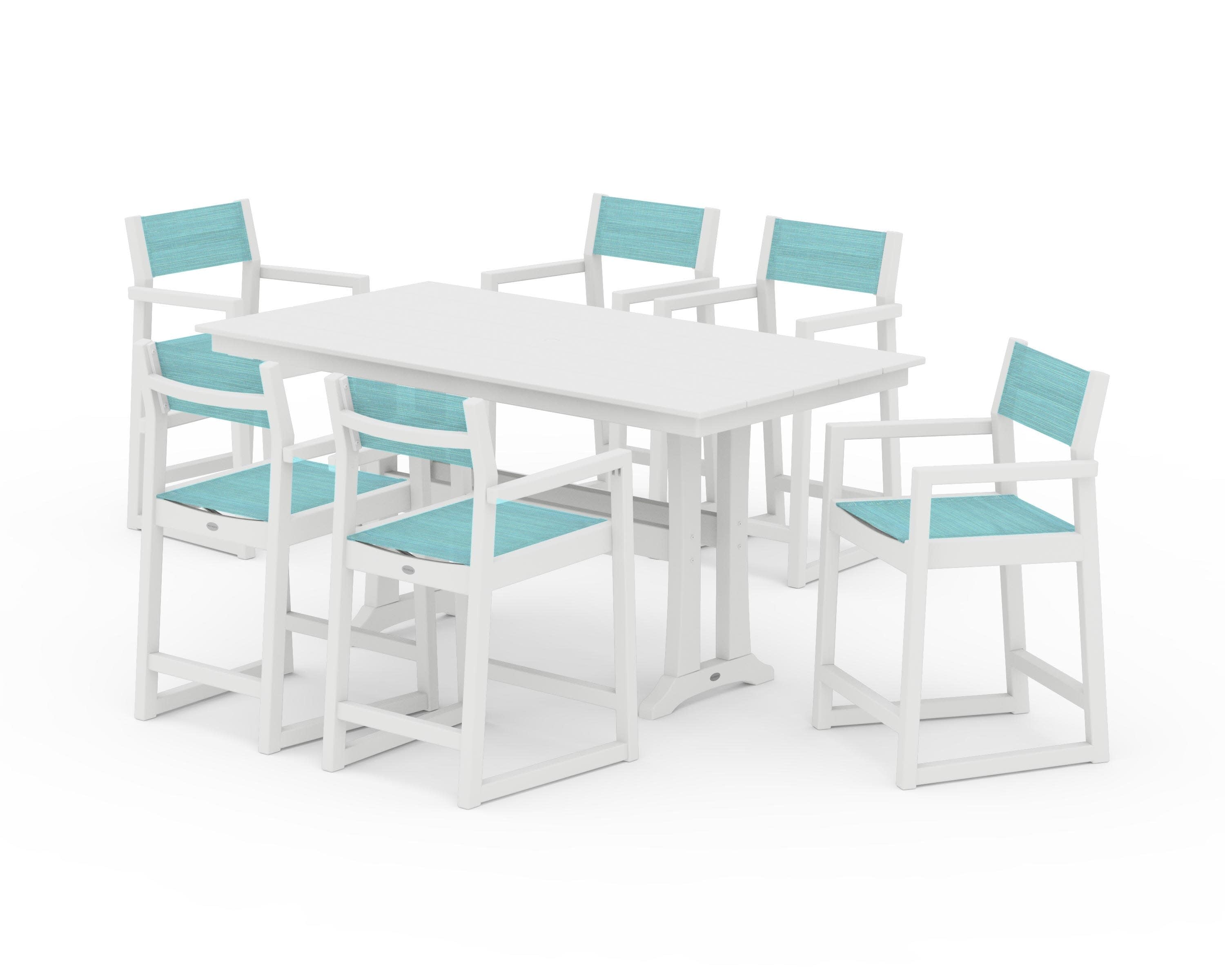 EDGE Sling Arm Chair 7-Piece Farmhouse Counter Set with Trestle Legs in White / Dupioni Aquamarine Sling
