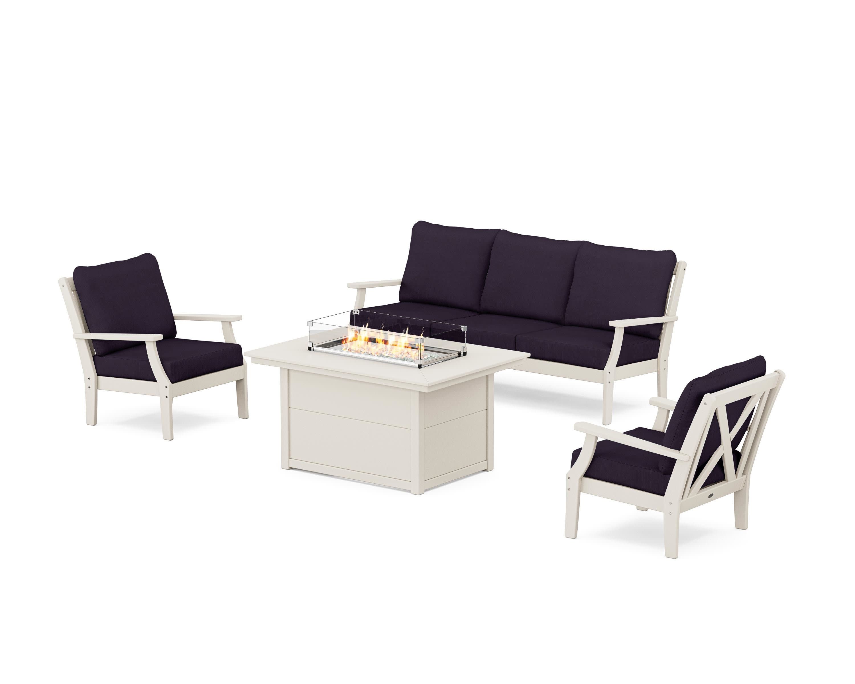 Braxton Deep Seating Fire Pit Table Set in Sand / Navy Linen