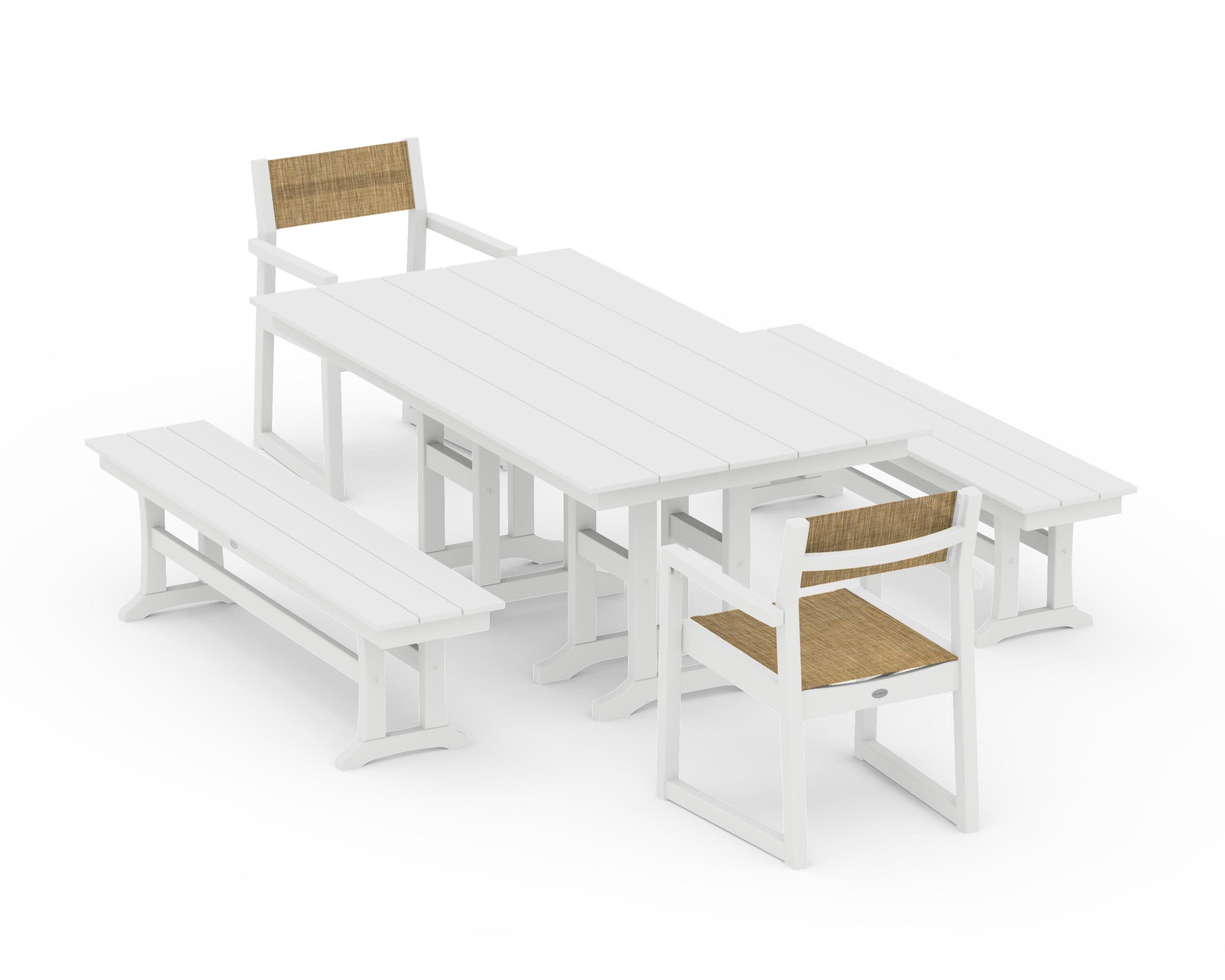 EDGE Sling Arm Chair 5-Piece Farmhouse Dining Set with Benches in White / Burlap Sling
