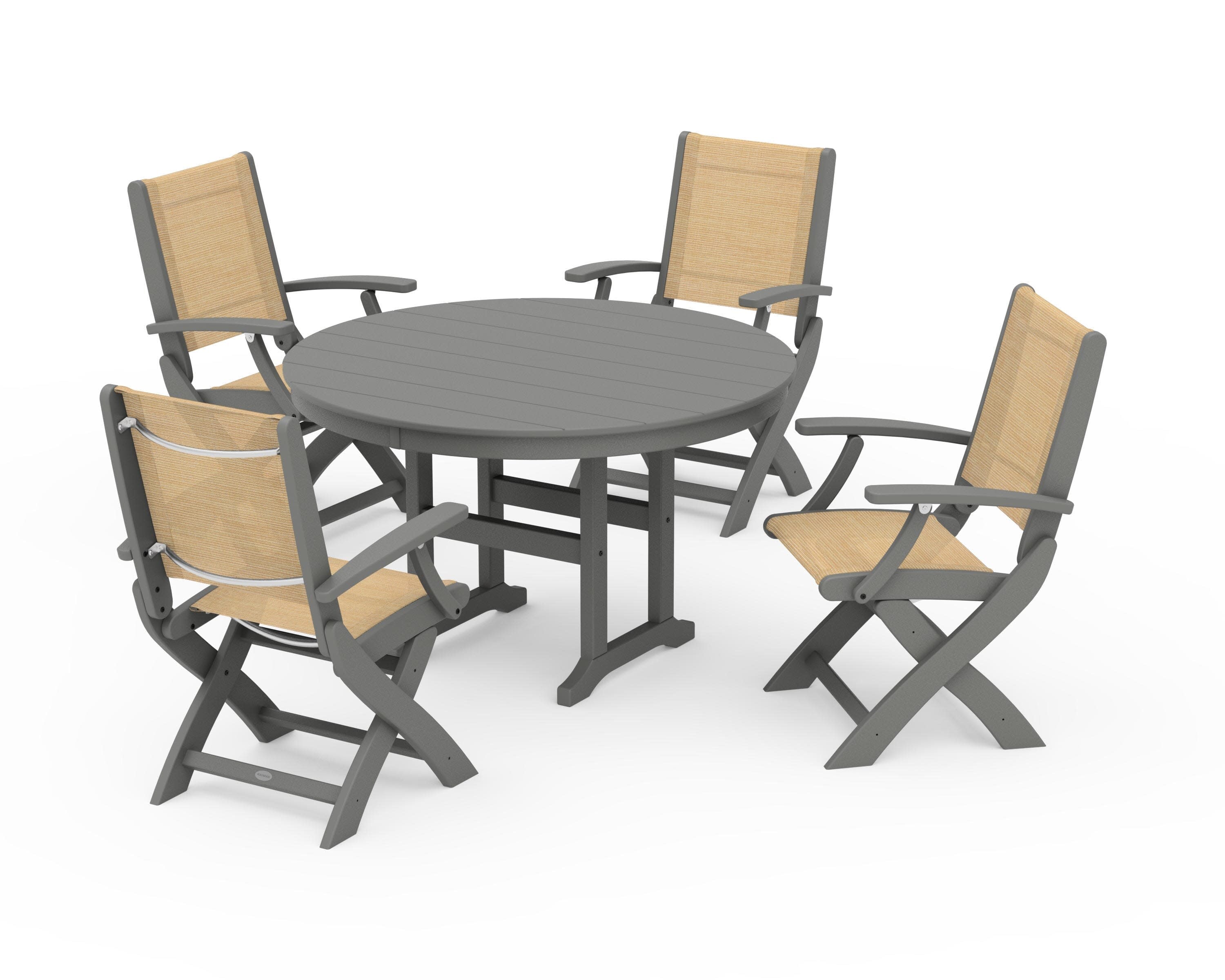 Coastal Folding Chair 5-Piece Round Dining Set in Slate Grey / Dupioni Apricot Sling