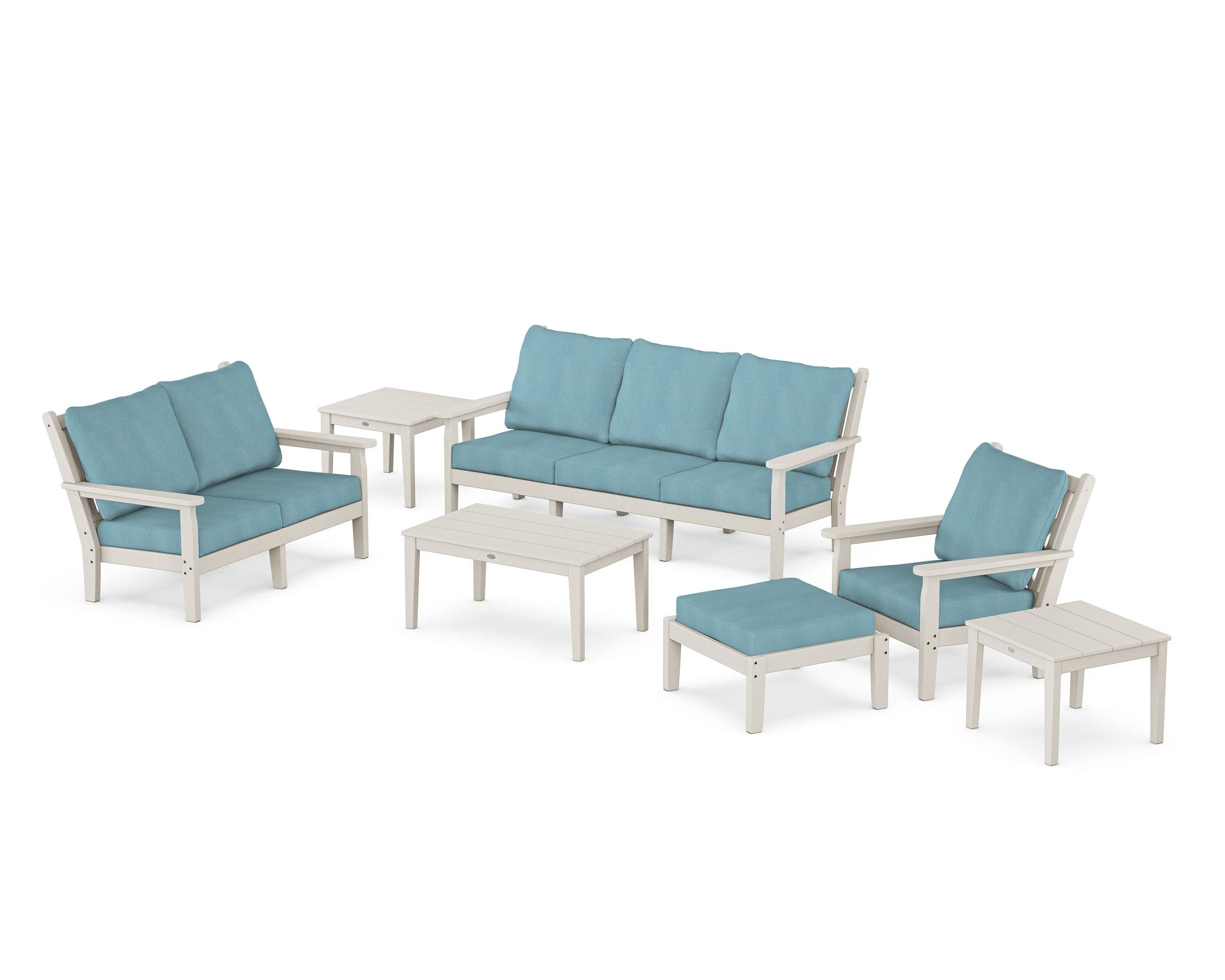 Chippendale 7-Piece Deep Seating Set in Sand / Lattice Sky Blue