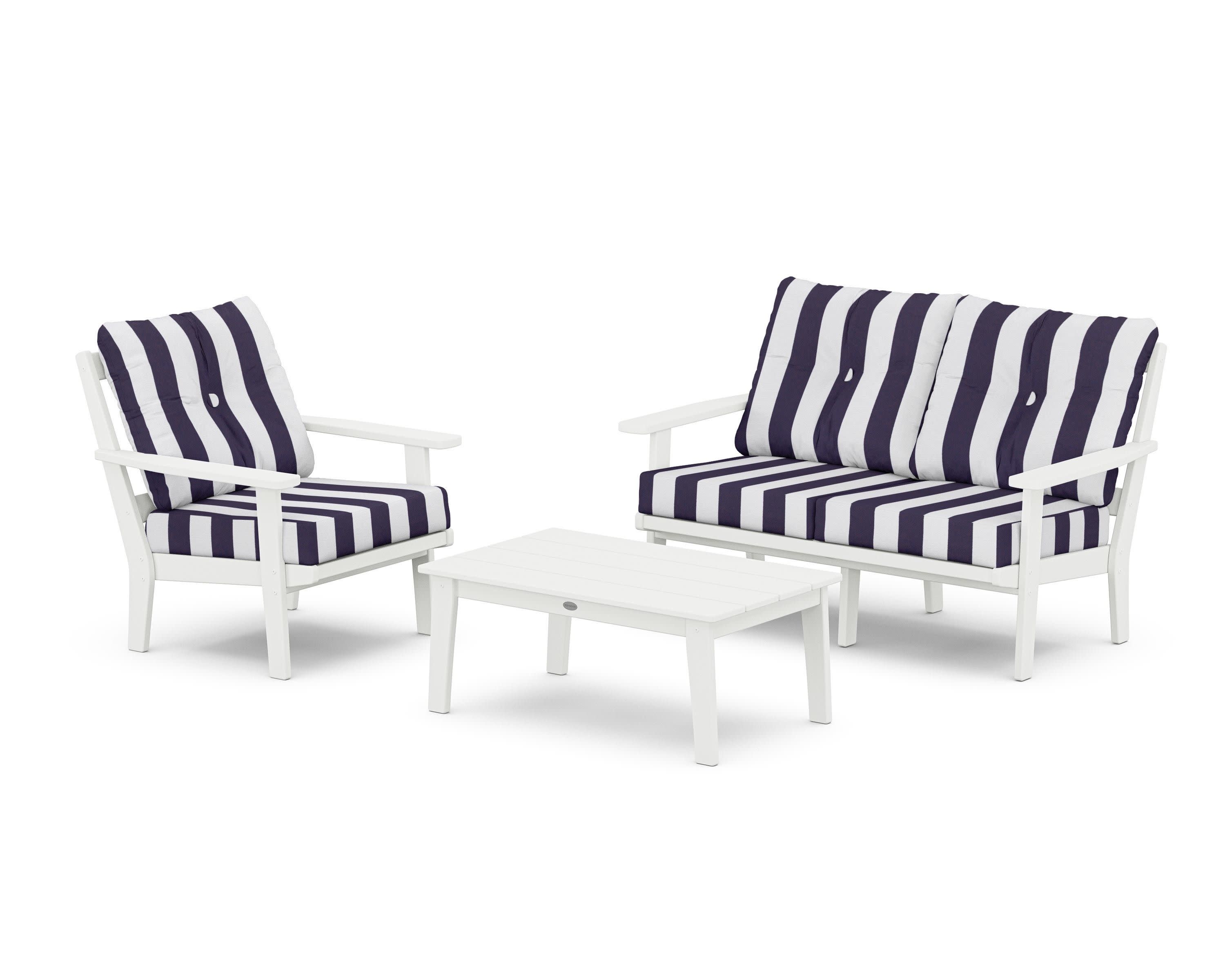 Oxford 3-Piece Deep Seating Set with Loveseat in White / Cabana Stripe Navy