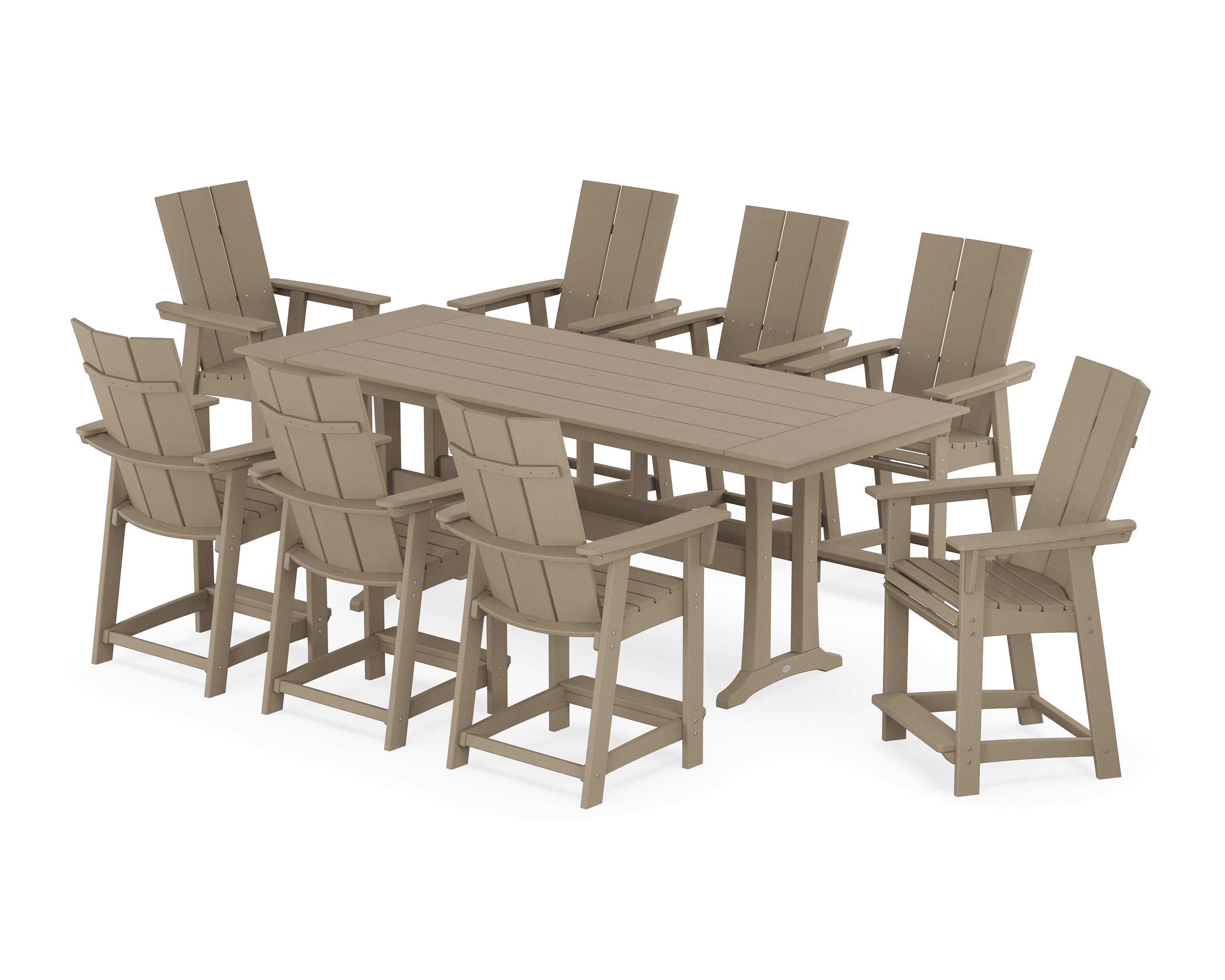 Modern Curveback Adirondack 9-Piece Farmhouse Counter Set with Trestle Legs in Vintage Sahara