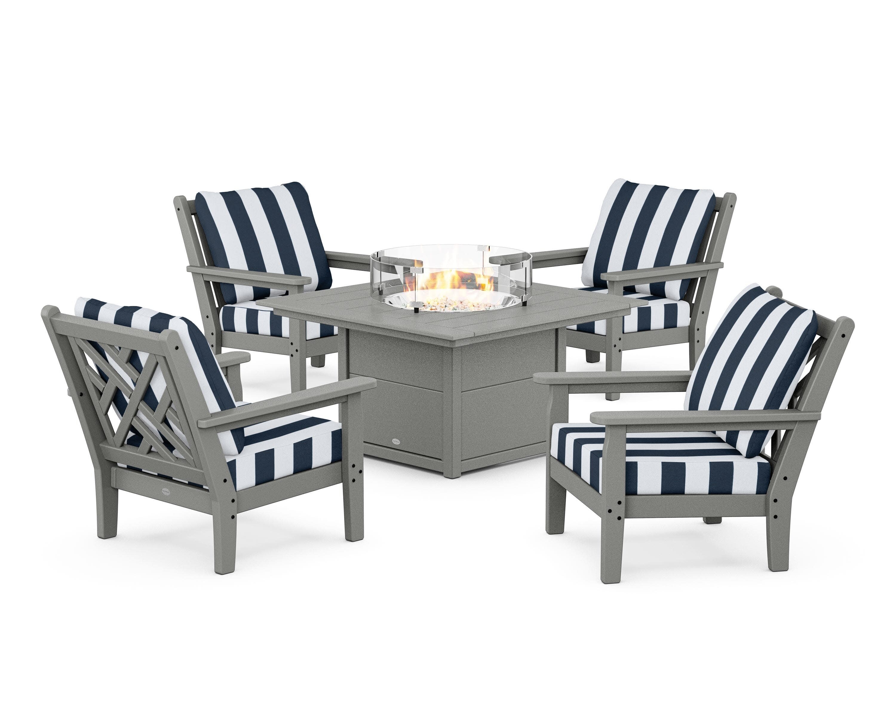 Chippendale 5-Piece Deep Seating Set with Fire Pit Table in Slate Grey / Cabana Stripe Marine Indigo