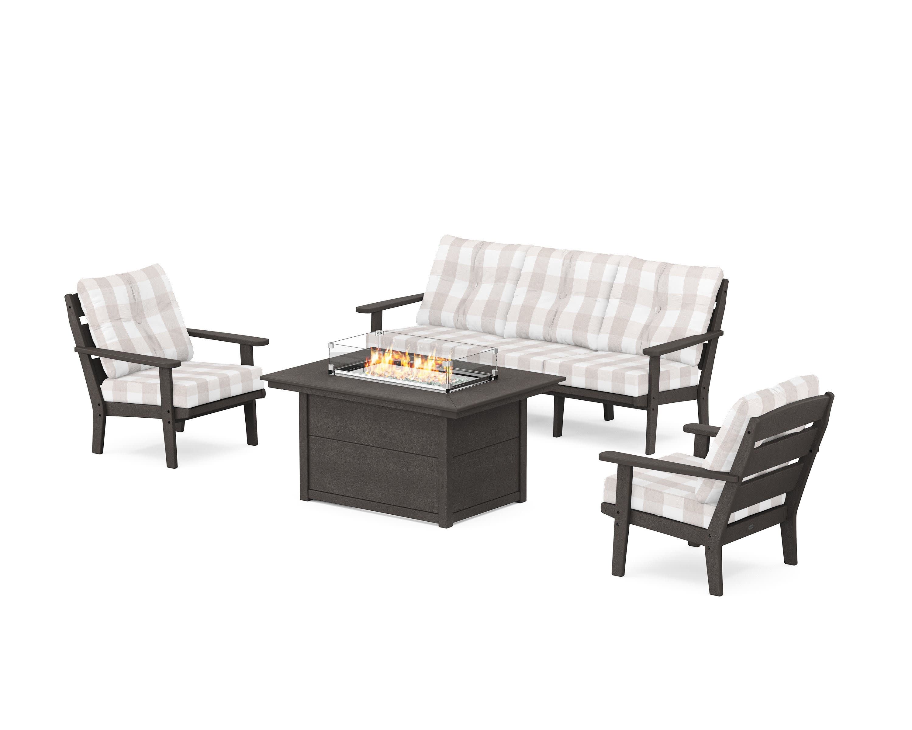 Lakeside Deep Seating Fire Pit Table Set in Vintage Coffee / Buffalo Plaid Dune Burlap