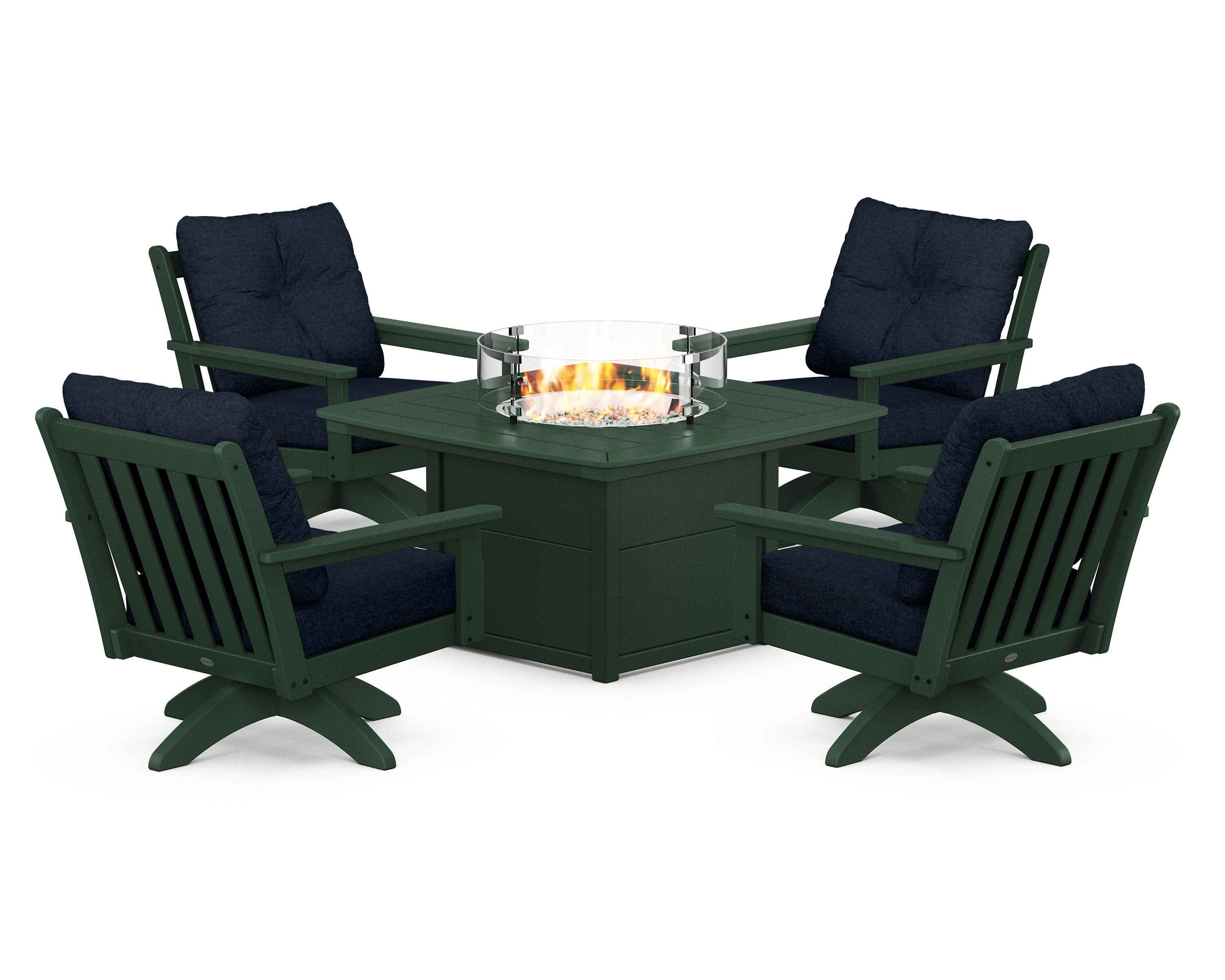 Vineyard 5-Piece Deep Seating Swivel Conversation Set with Fire Pit Table in Green / Marine Indigo