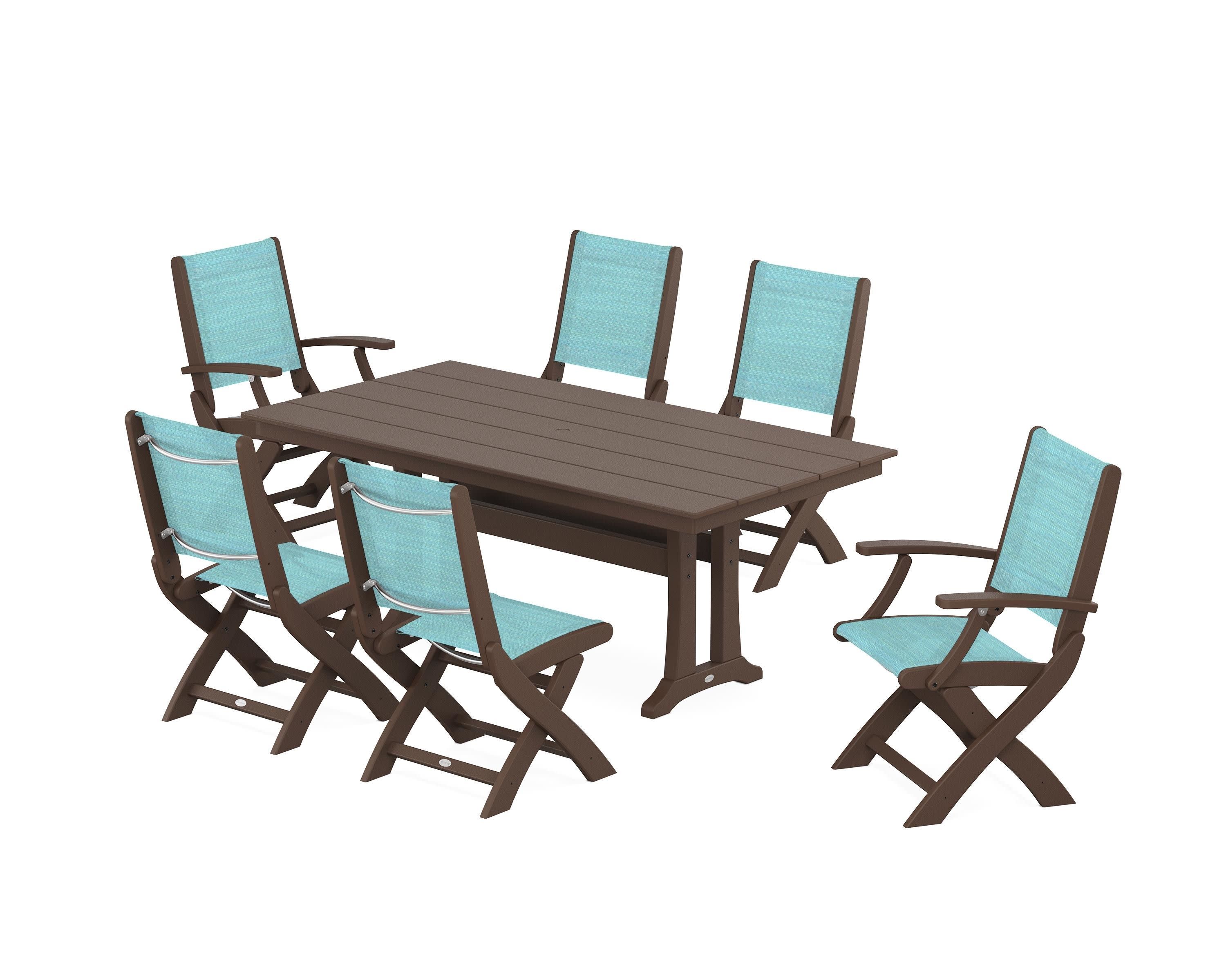 Coastal Folding Chair 7-Piece Farmhouse Dining Set with Trestle Legs in Mahogany / Dupioni Aquamarine Sling