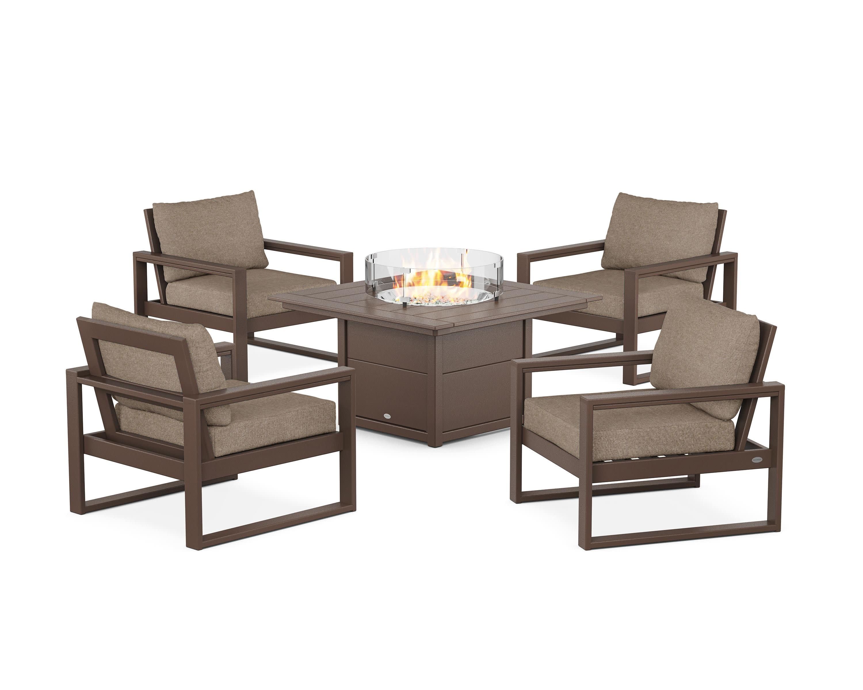 EDGE Sectional 5-Piece Deep Seating Set with Fire Pit Table in Mahogany / Spiced Burlap