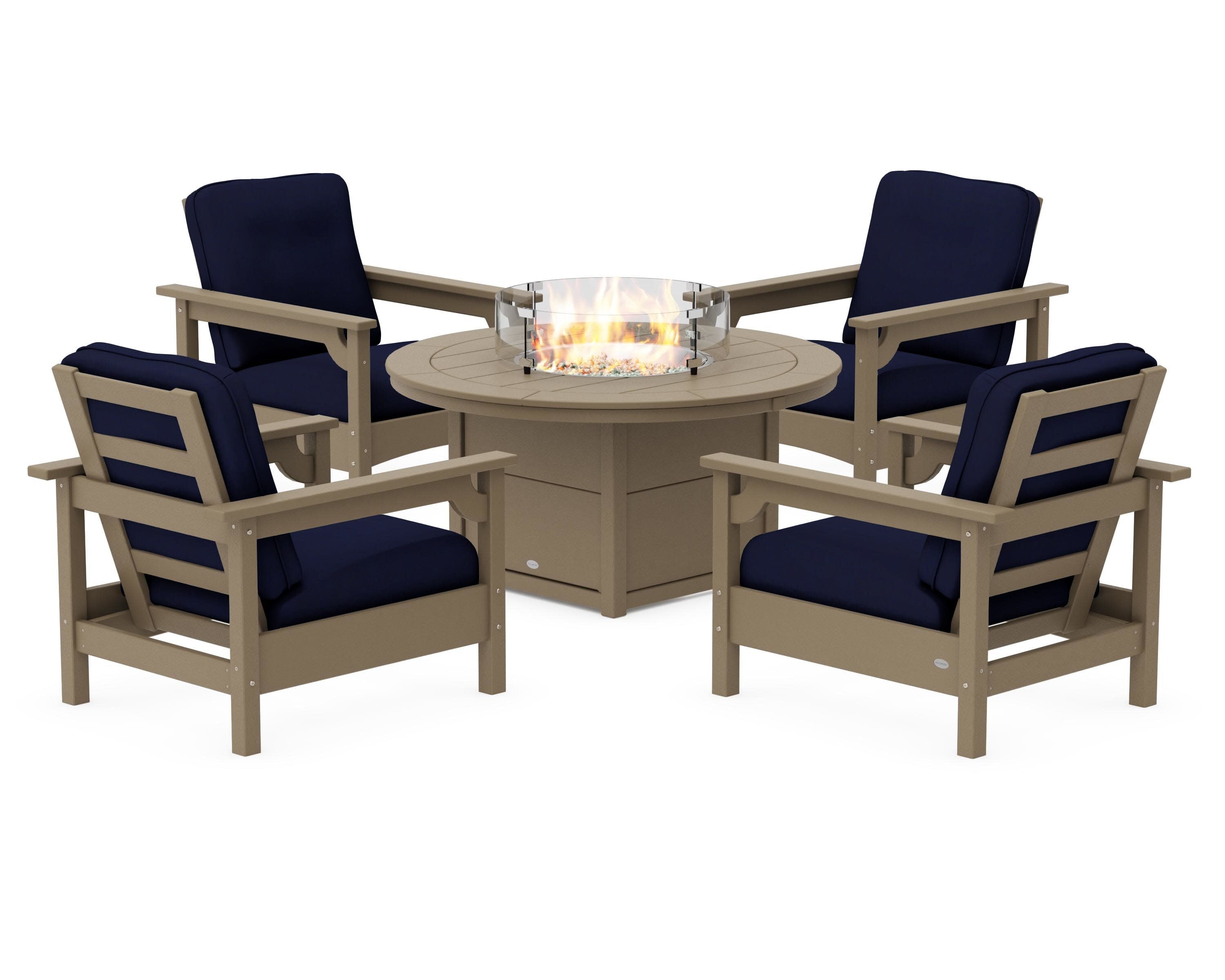Club 5-Piece Conversation Set with Fire Pit Table in Vintage Sahara / Navy