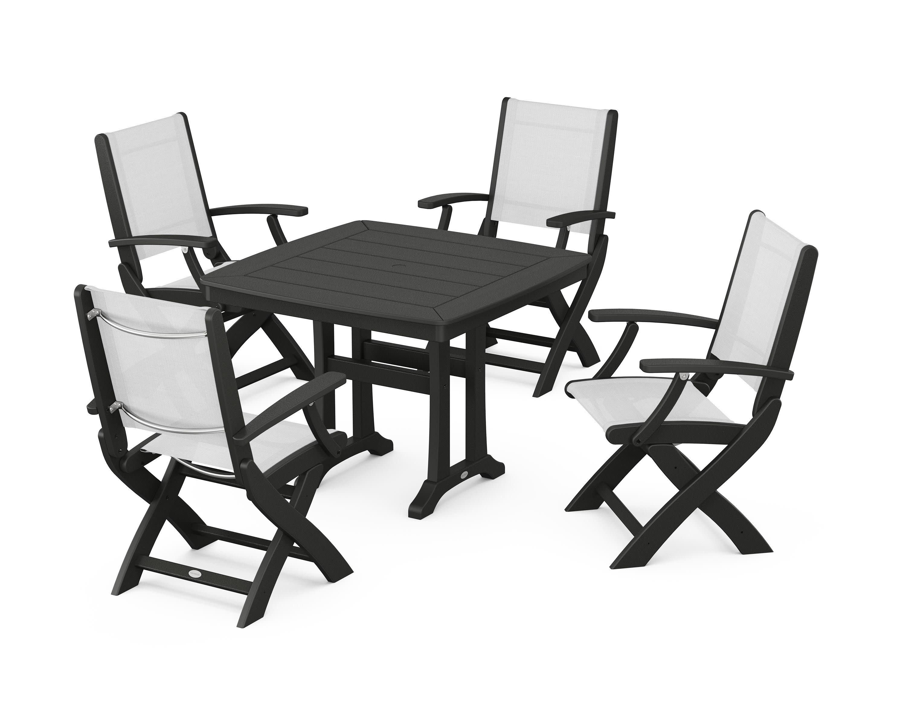 Coastal Folding Chair 5-Piece Dining Set with Trestle Legs in Black / White Sling