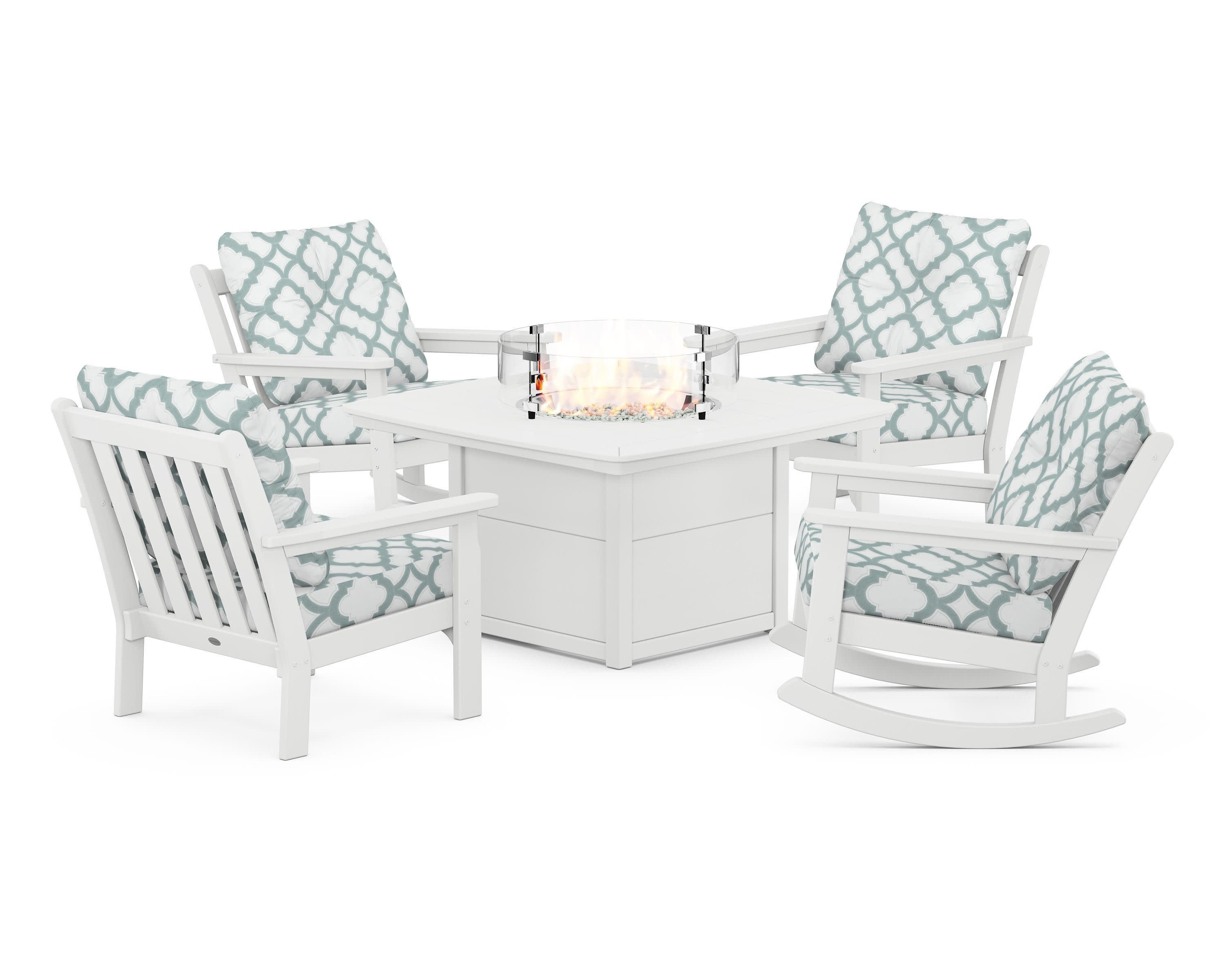Vineyard 5-Piece Deep Seating Rocking Chair Conversation Set with Fire Pit Table in White / Trellis Glacier Spa
