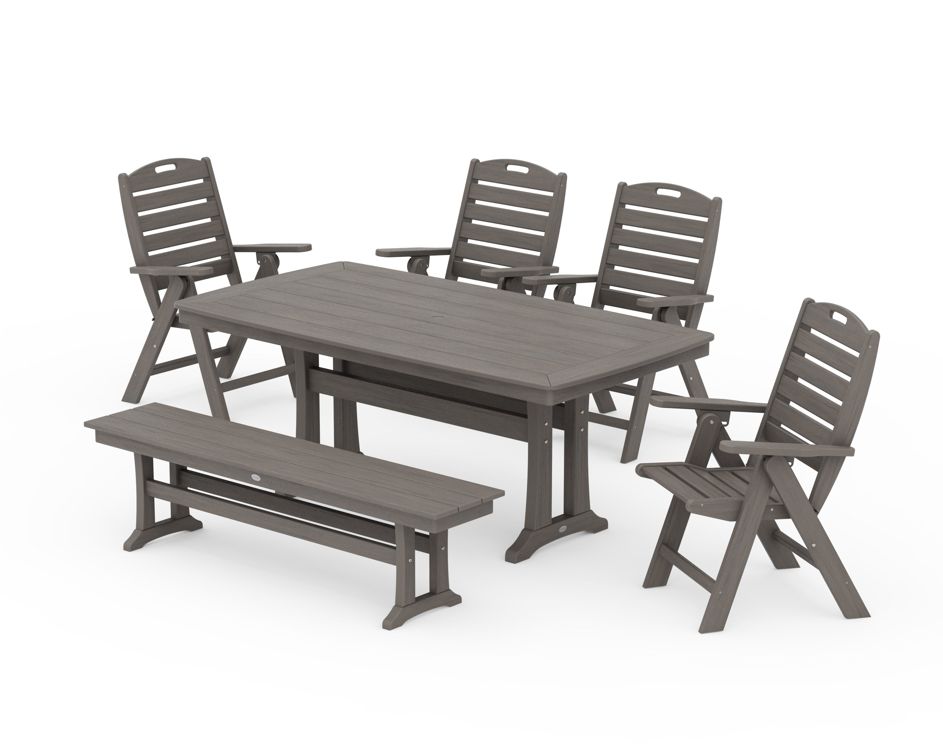 Nautical Highback 6-Piece Dining Set with Trestle Legs and Bench in Driftwood