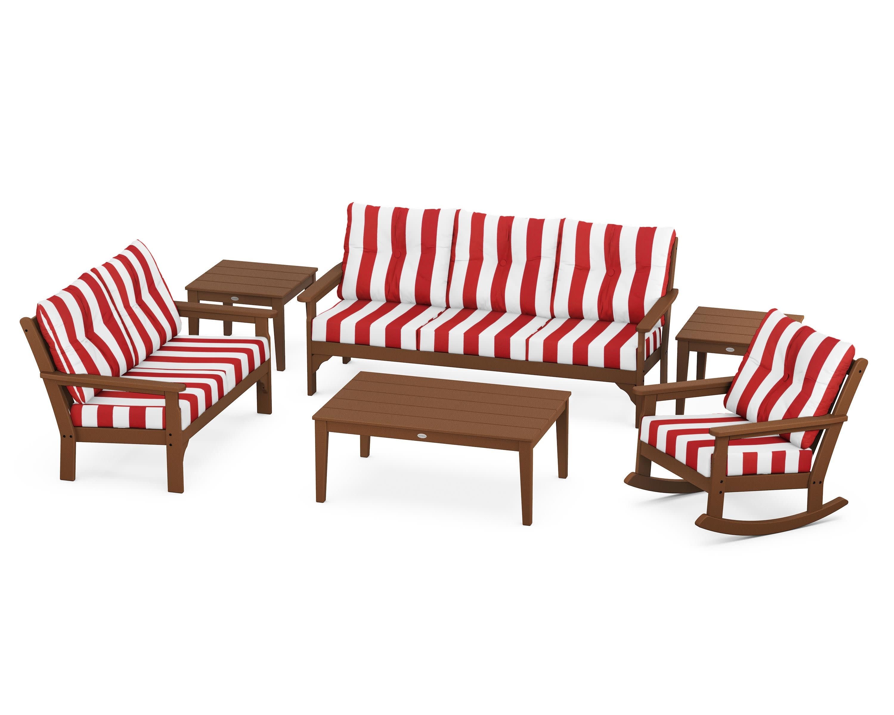 Vineyard 6-Piece Deep Seating Set in Teak / Cabana Stripe Crimson
