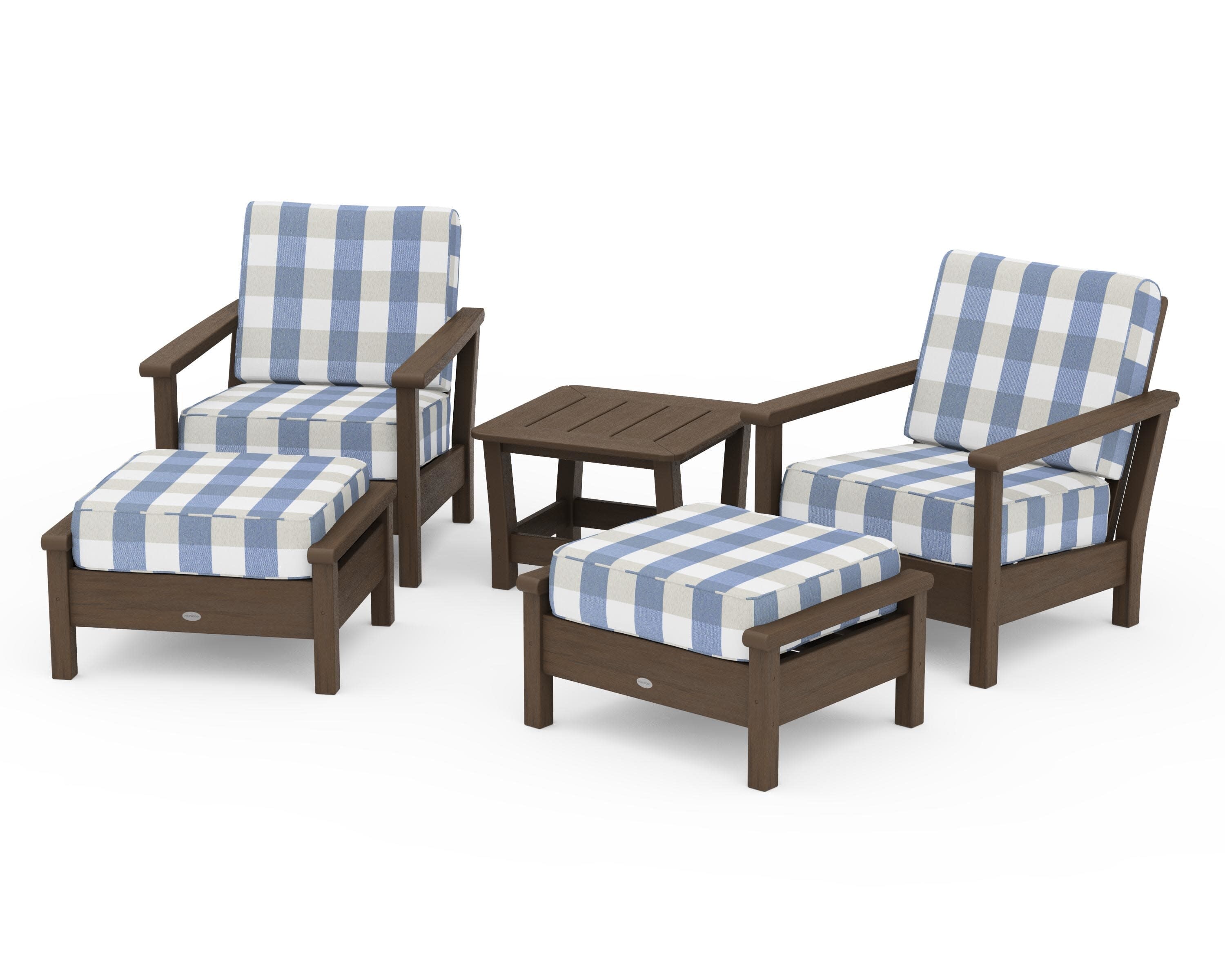 Harbour 5-Piece Deep Seating Chair Set in Kona / Buffalo Plaid Sky Blue