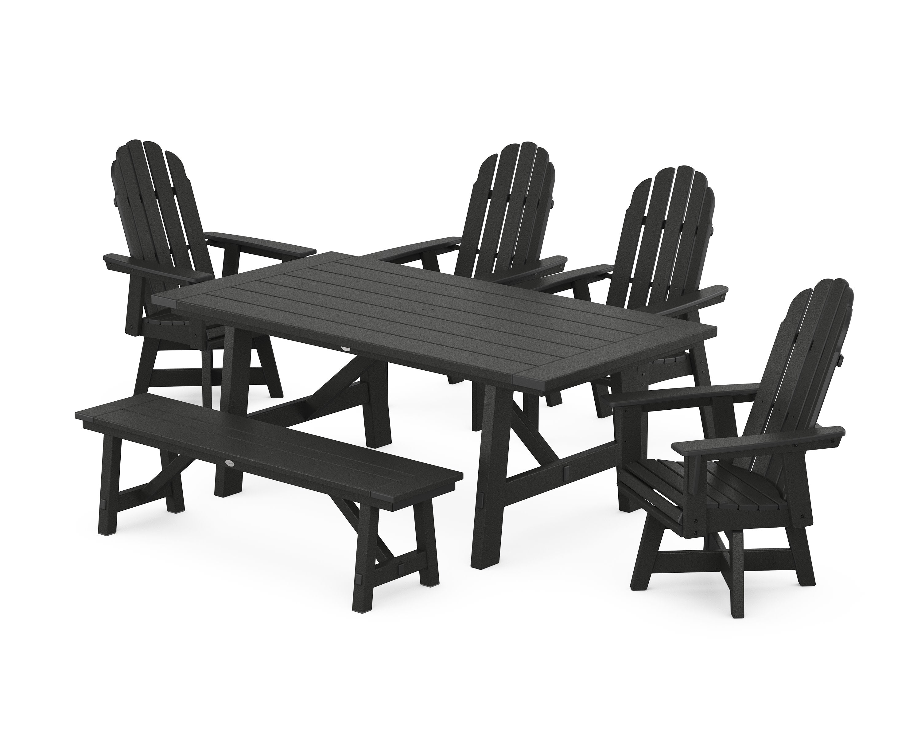 Vineyard Curveback Adirondack Swivel Chair 6-Piece Rustic Farmhouse Dining Set With Bench in Black