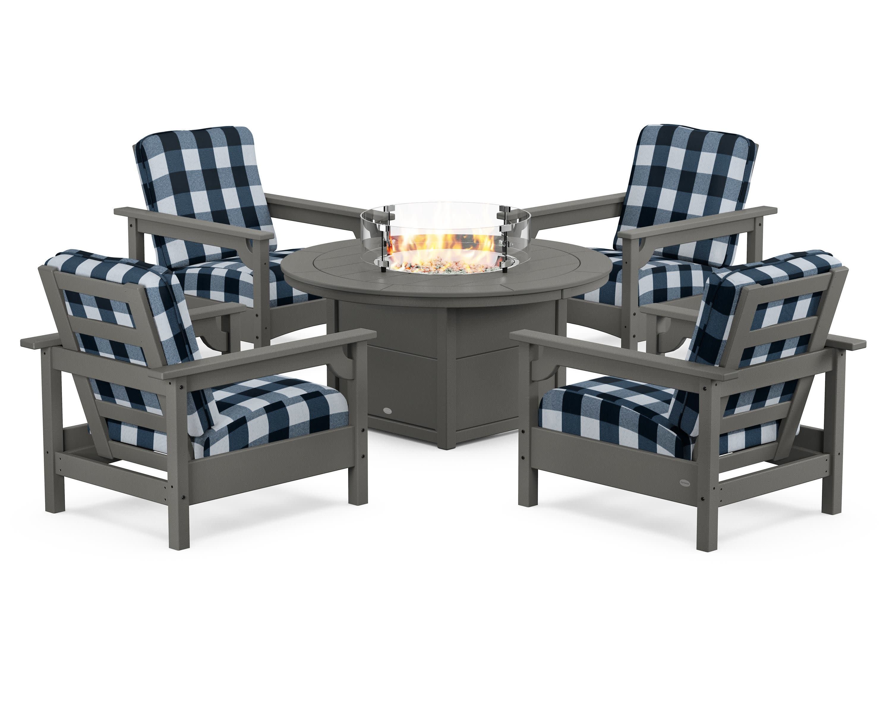 Club 5-Piece Conversation Set with Fire Pit Table in Slate Grey / Buffalo Plaid Marine Indigo