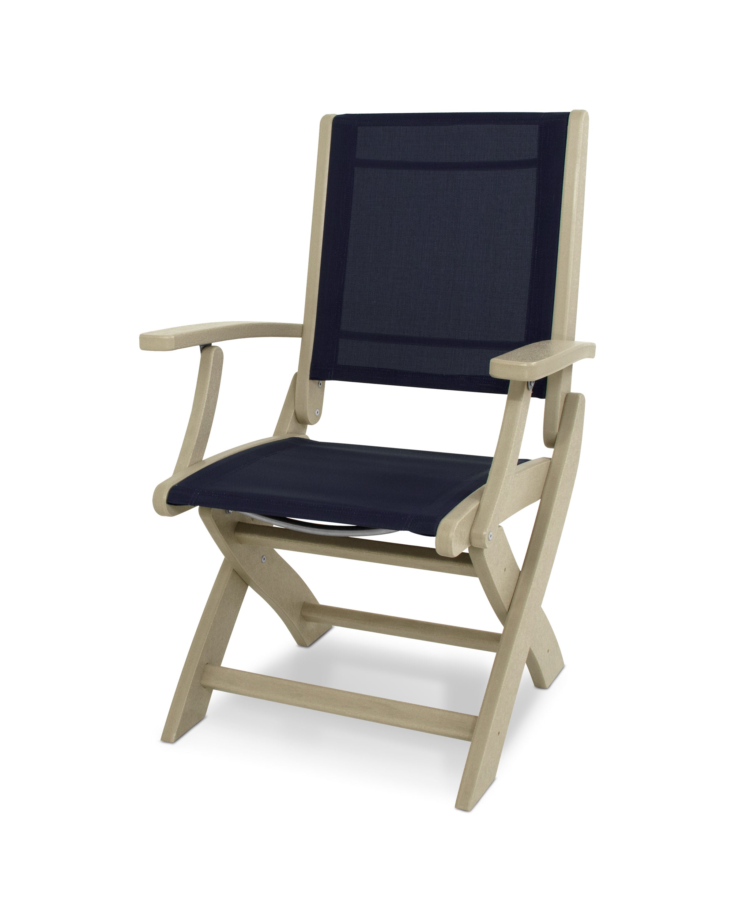 Coastal Folding Chair in Sand / Navy Blue Sling