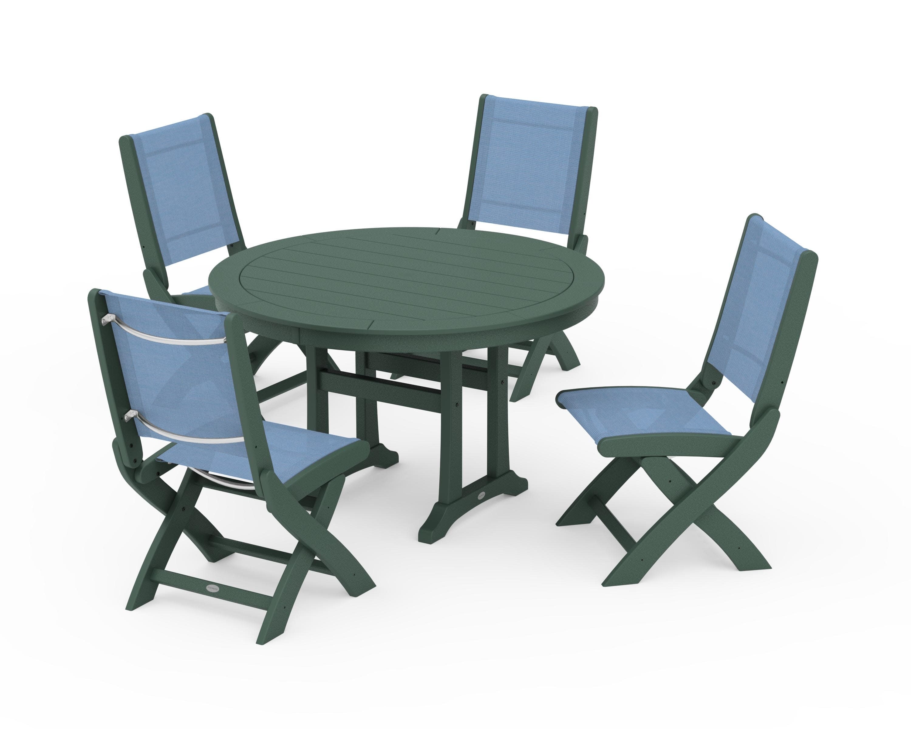 Coastal Folding Side Chair 5-Piece Round Dining Set With Trestle Legs in Green / Poolside Sling