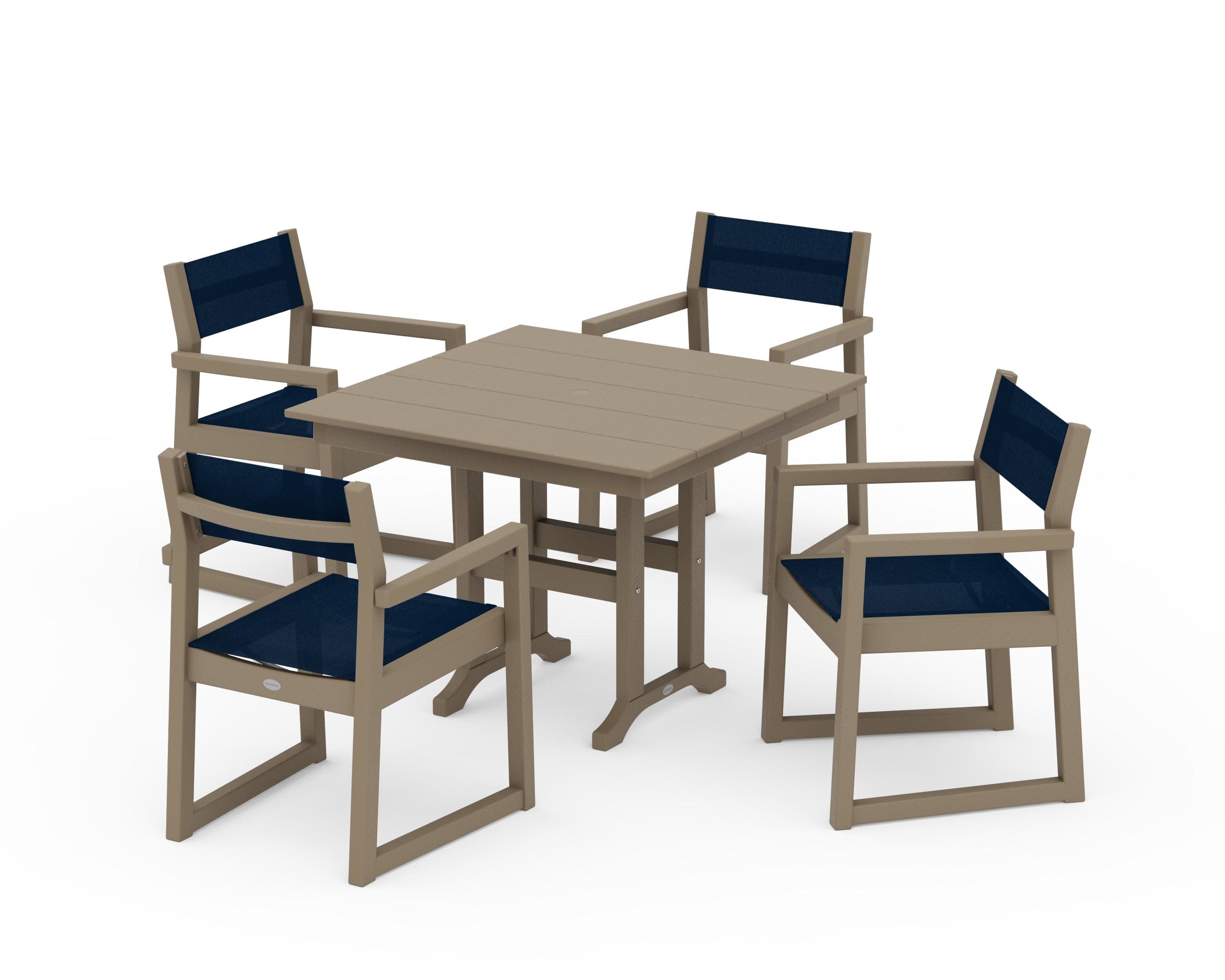 EDGE Sling Arm Chair 5-Piece Farmhouse Dining Set in Vintage Sahara / Navy Blue Sling