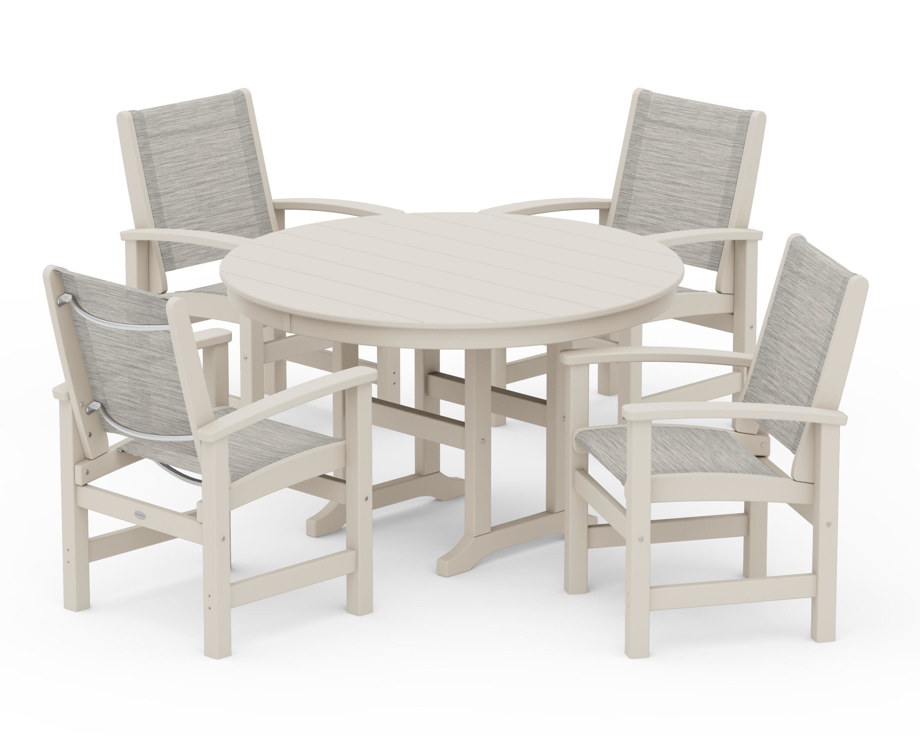 Coastal 5-Piece Round Farmhouse Dining Set in Sand / Birch Sling