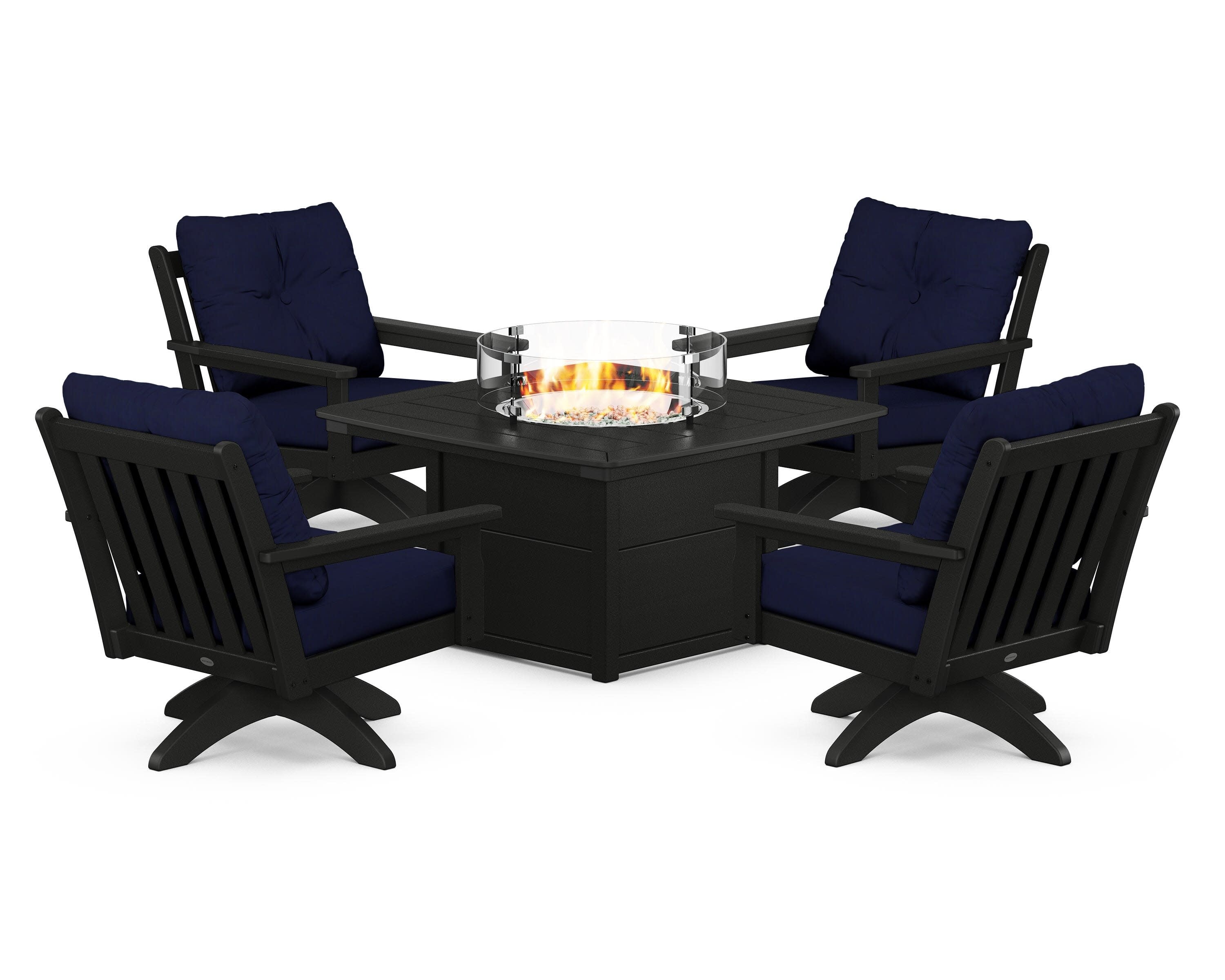 Vineyard 5-Piece Deep Seating Swivel Conversation Set with Fire Pit Table in Black / Navy