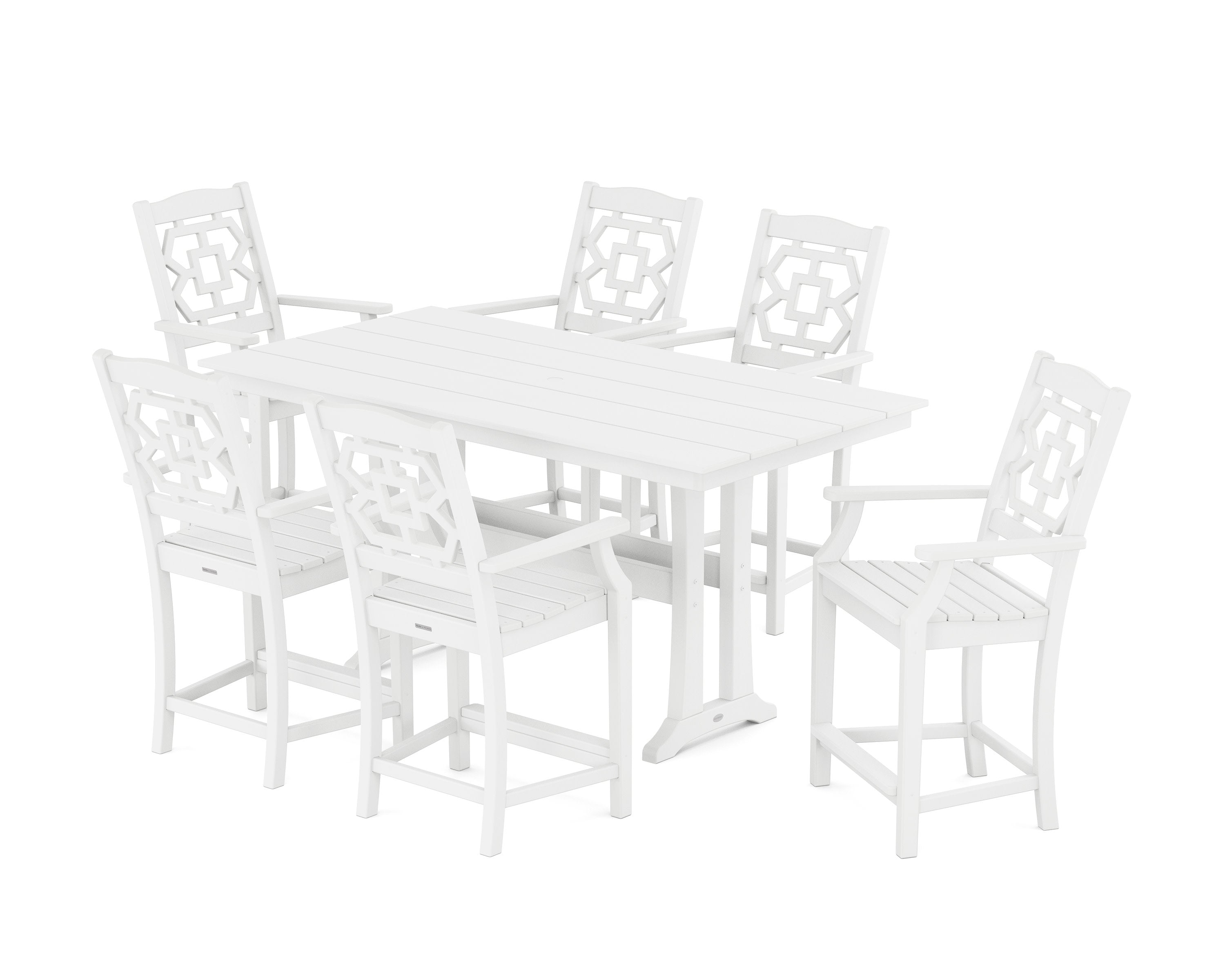 Chinoiserie Arm Chair 7-Piece Farmhouse Counter Set with Trestle Legs in White