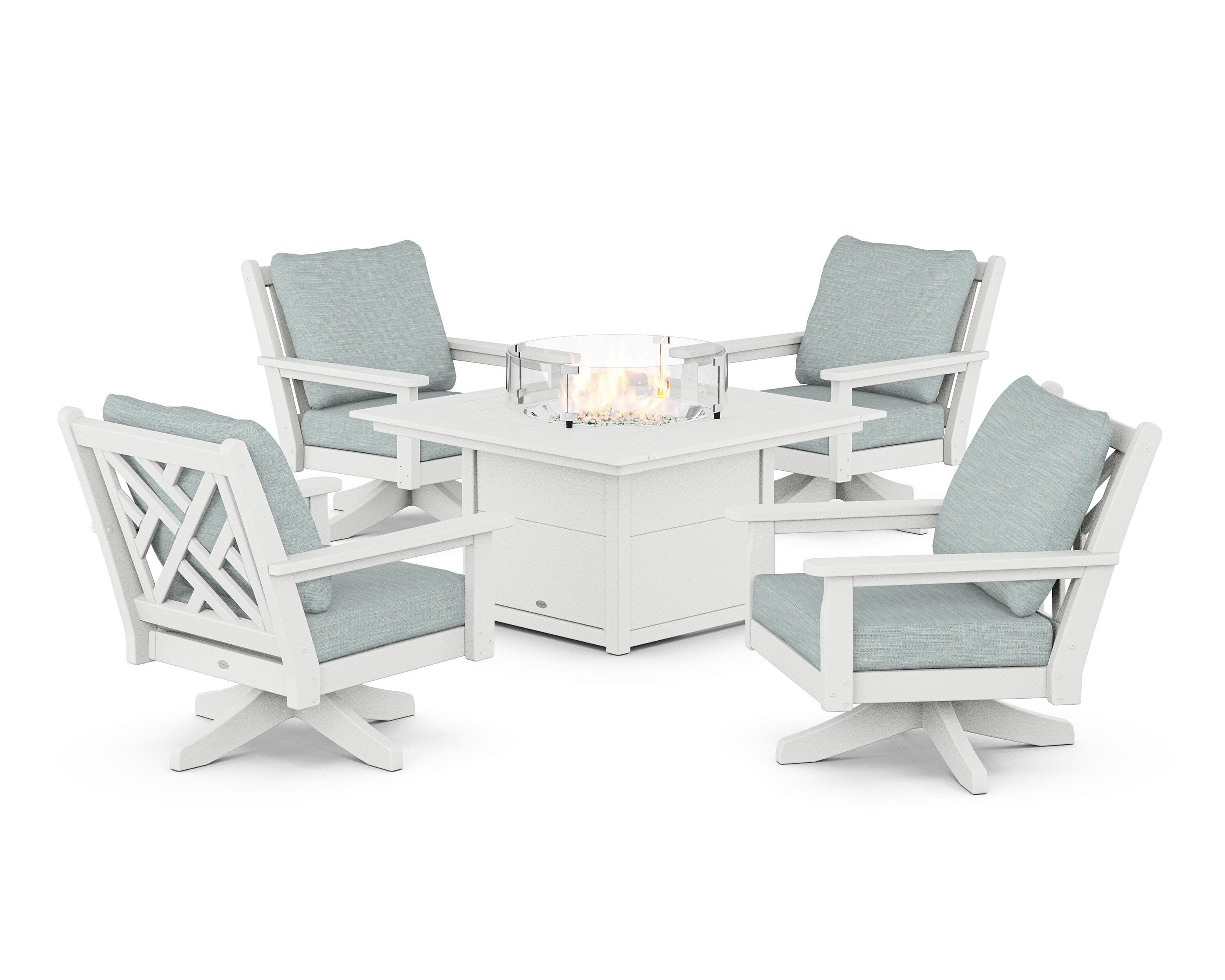 Chippendale 5-Piece Deep Seating Swivel Conversation Set with Fire Pit Table in White / Soothe Mist
