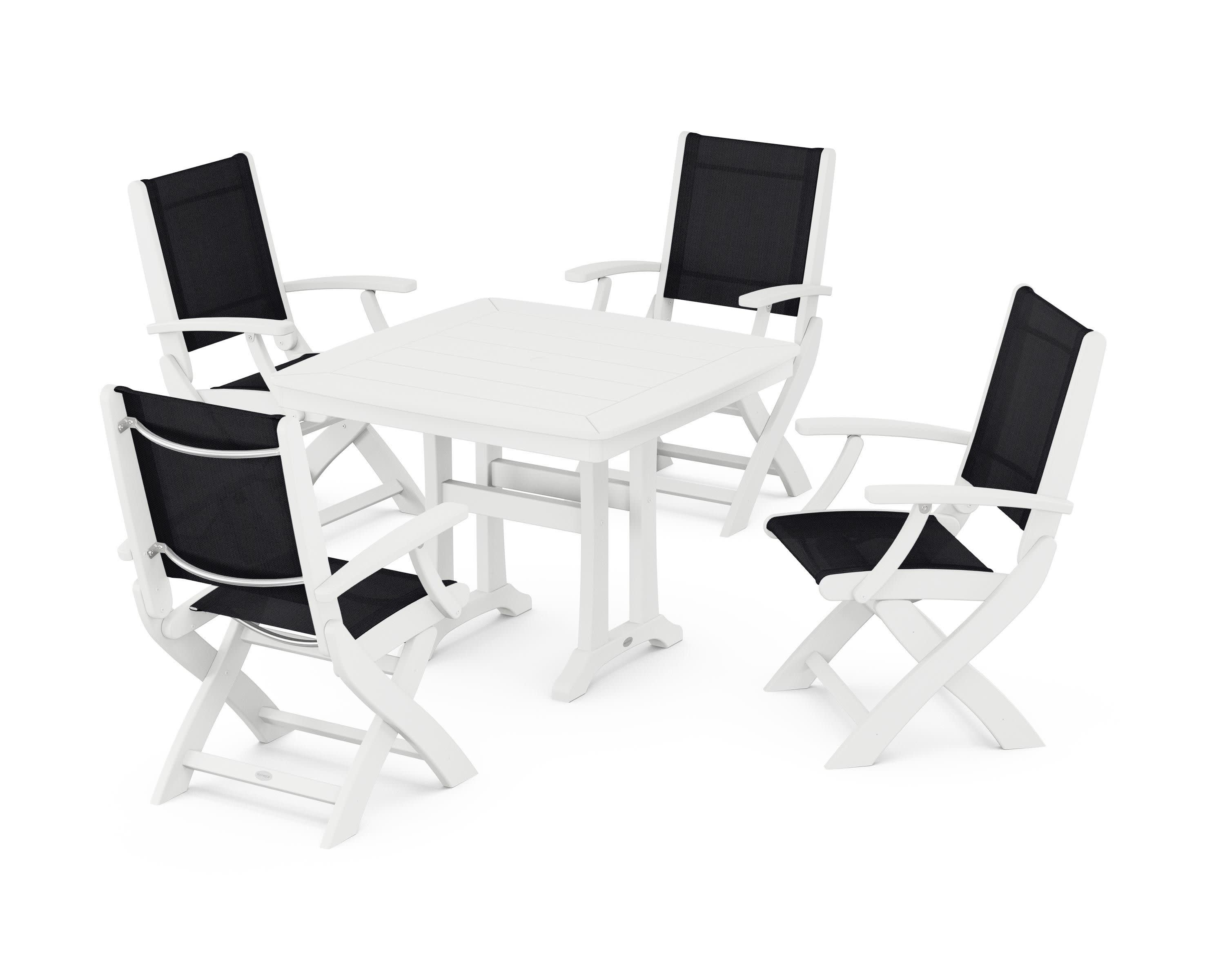 Coastal Folding Chair 5-Piece Dining Set with Trestle Legs in White / Black Sling