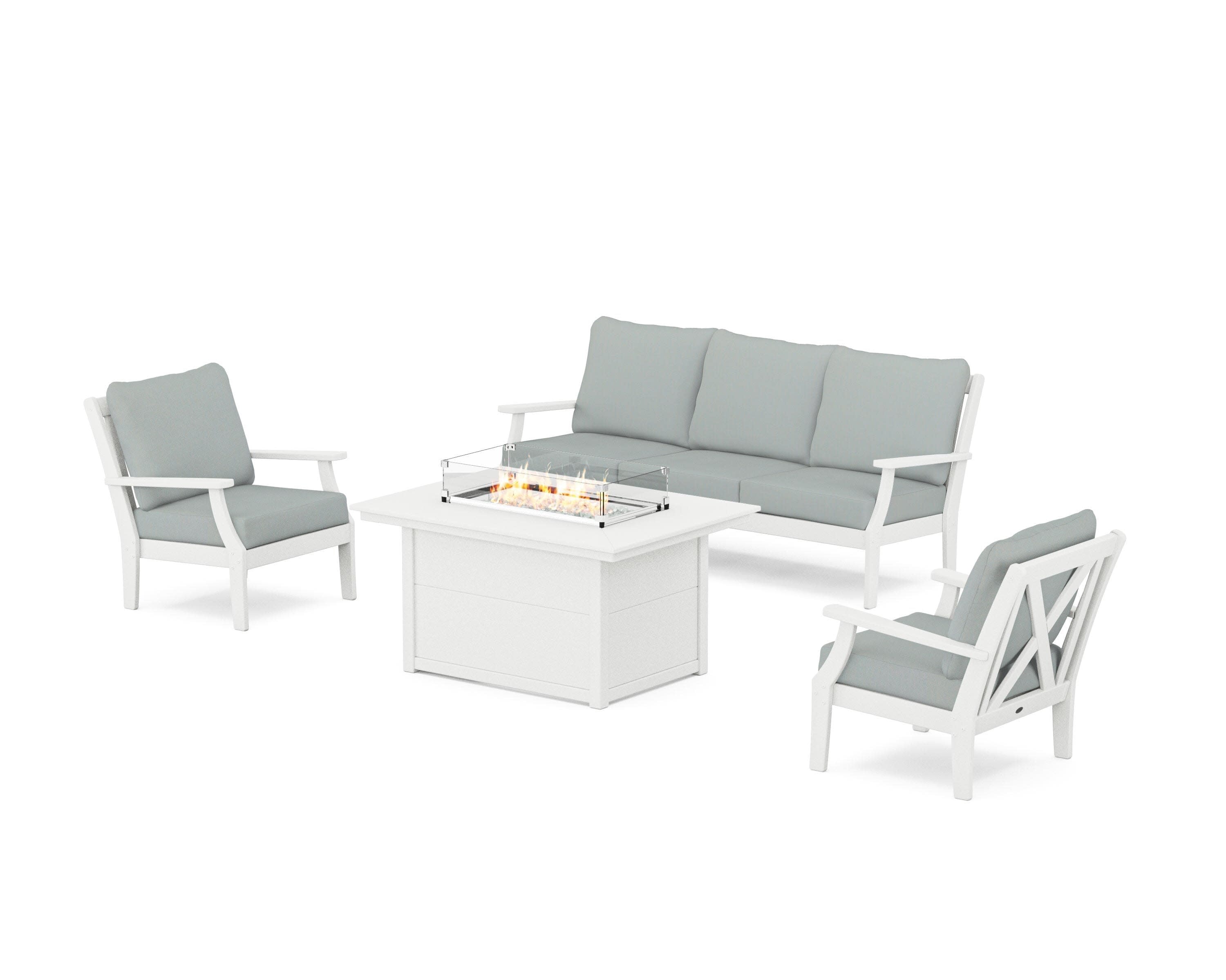 Braxton Deep Seating Fire Pit Table Set in Vintage White / Spa