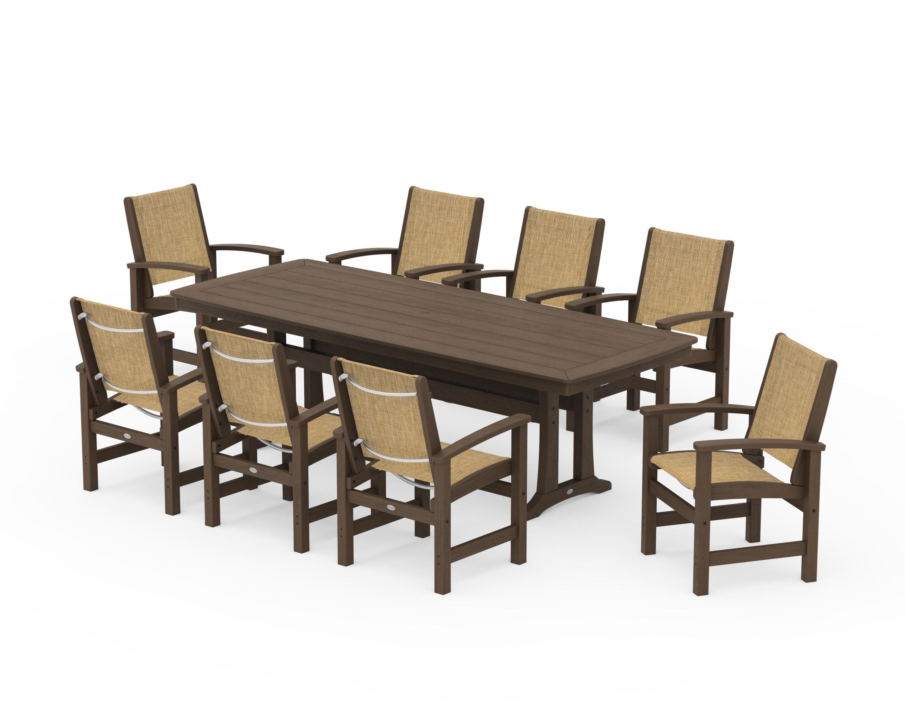 Coastal 9-Piece Dining Set with Trestle Legs in Kona / Burlap Sling