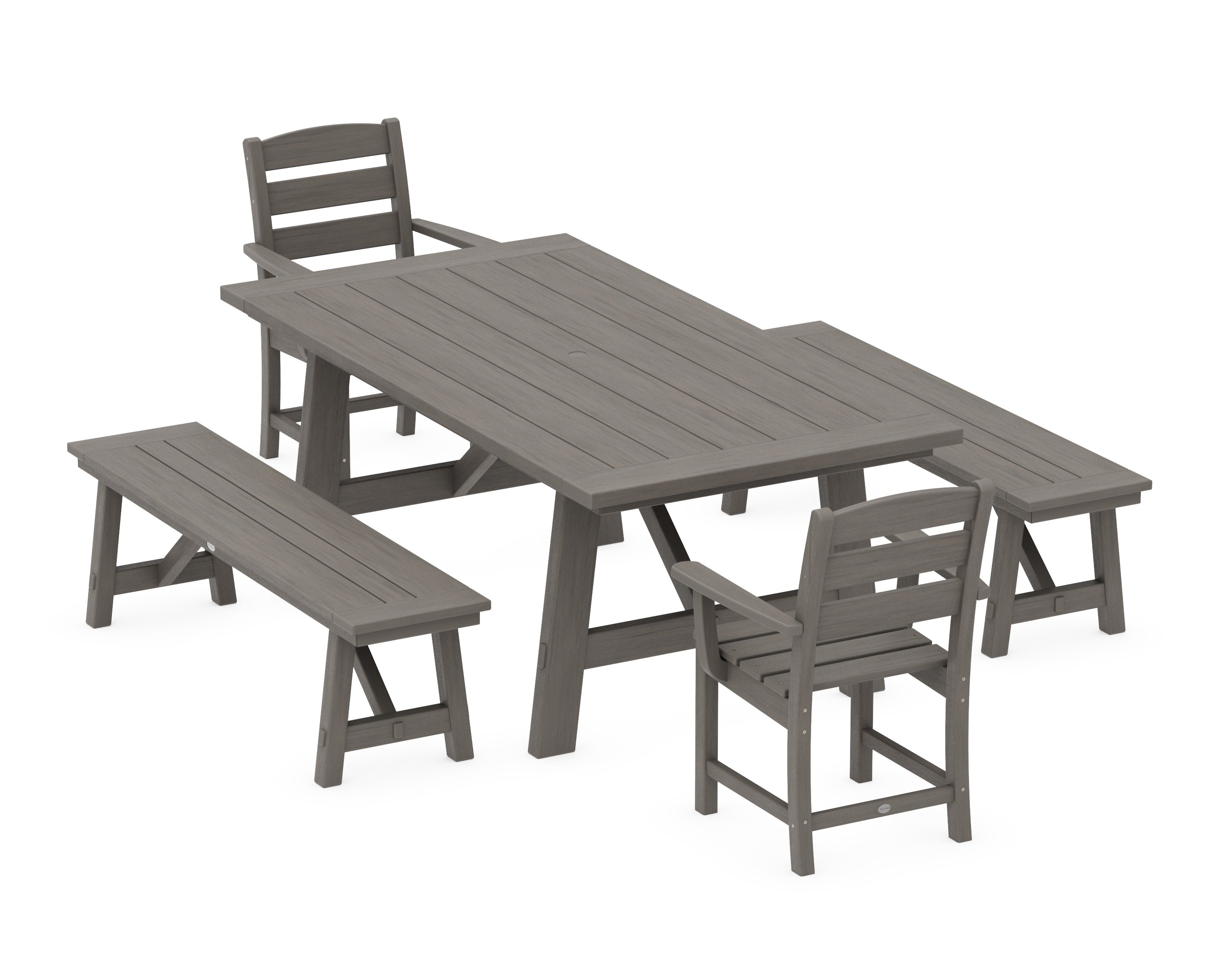 Lakeside 5-Piece Rustic Farmhouse Dining Set With Benches in Driftwood