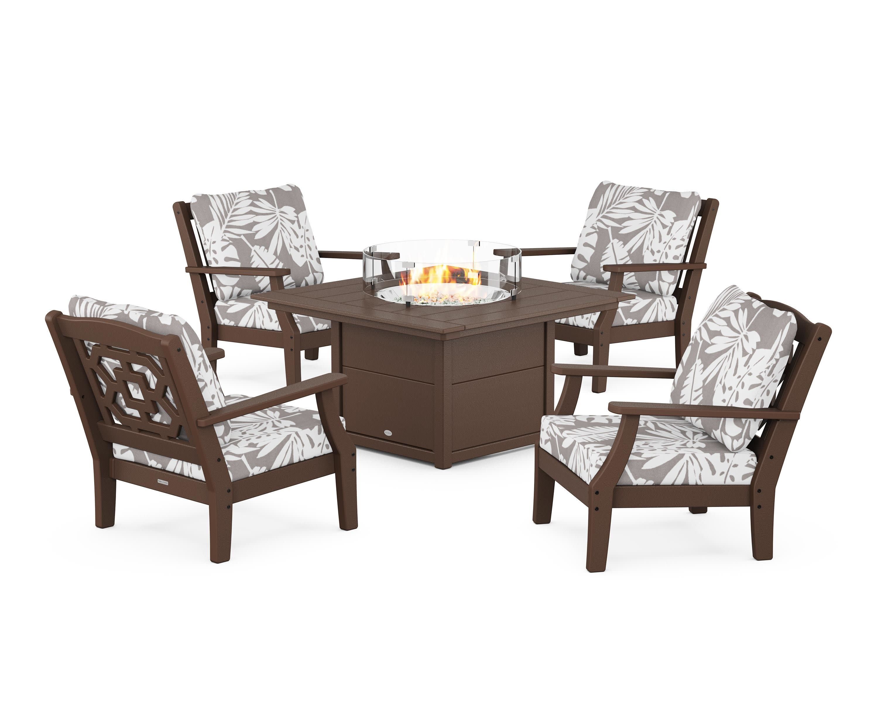 Chinoiserie 5-Piece Deep Seating Set with Fire Pit Table in Mahogany / Leaf Grey Mist