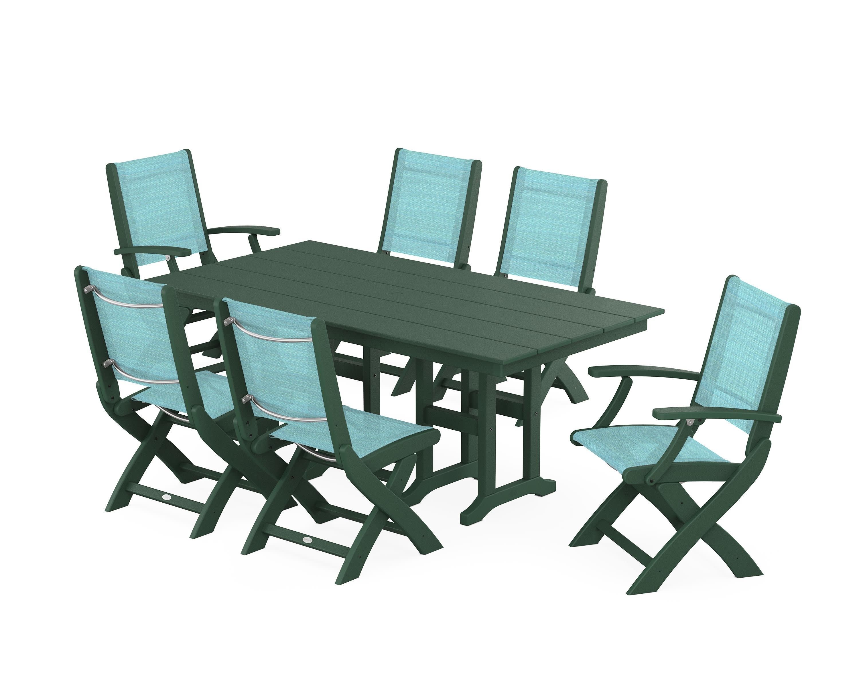 Coastal Folding Chair 7-Piece Farmhouse Dining Set in Green / Dupioni Aquamarine Sling