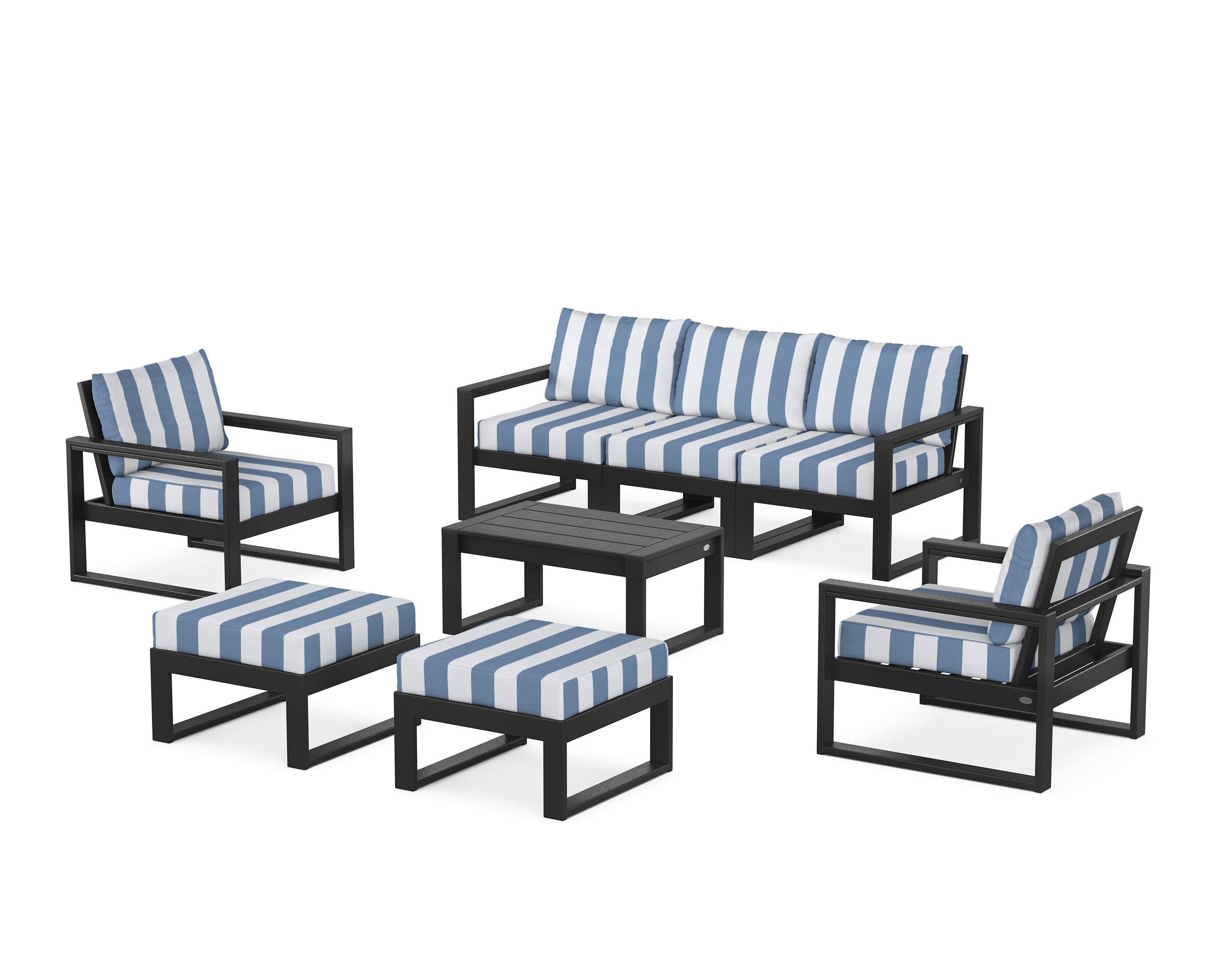 EDGE Sectional 8-Piece Lounge Sofa Set in Black / Cabana Stripe Sky Blue