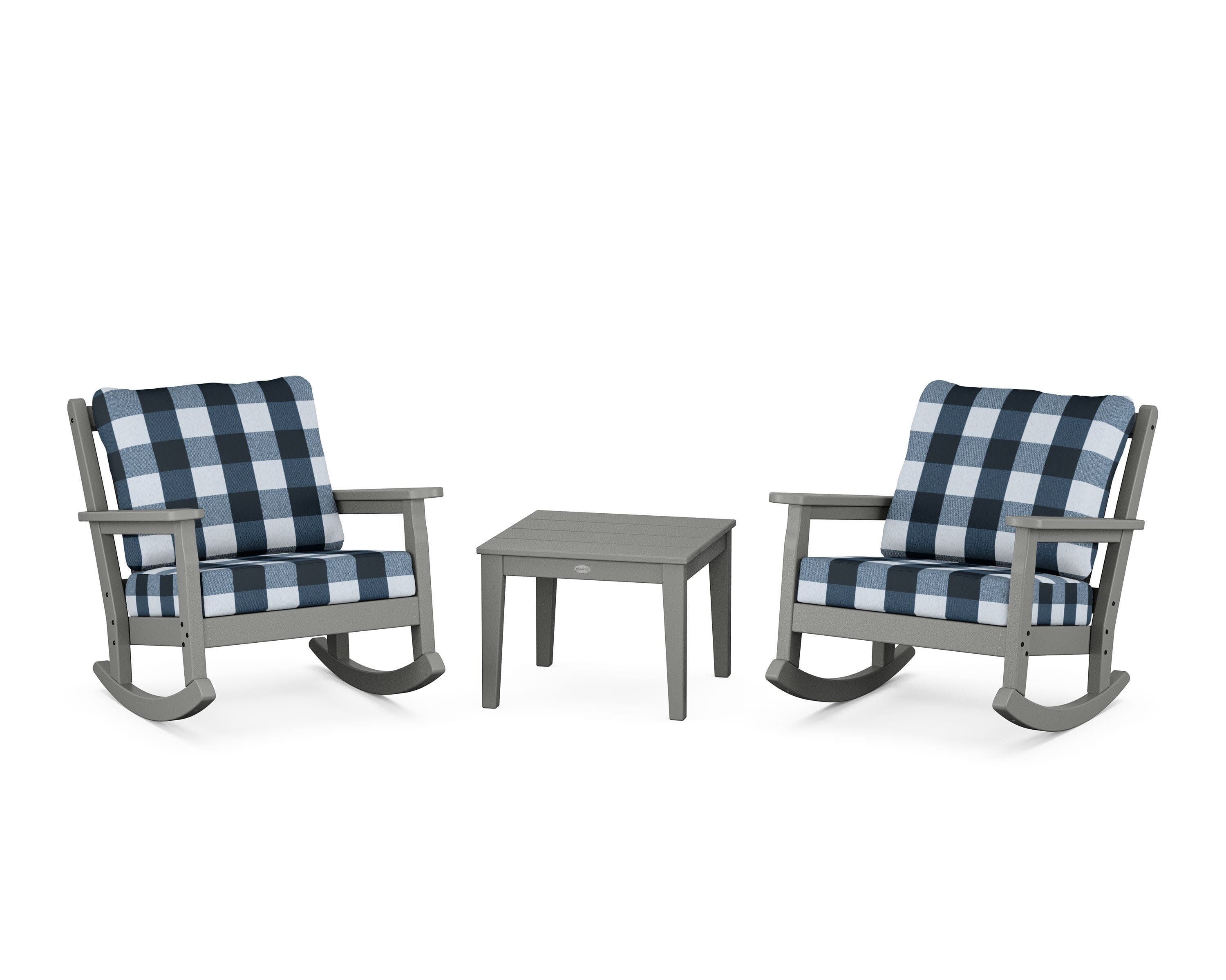 Chippendale 3-Piece Deep Seating Rocker Set in Slate Grey / Buffalo Plaid Marine Indigo