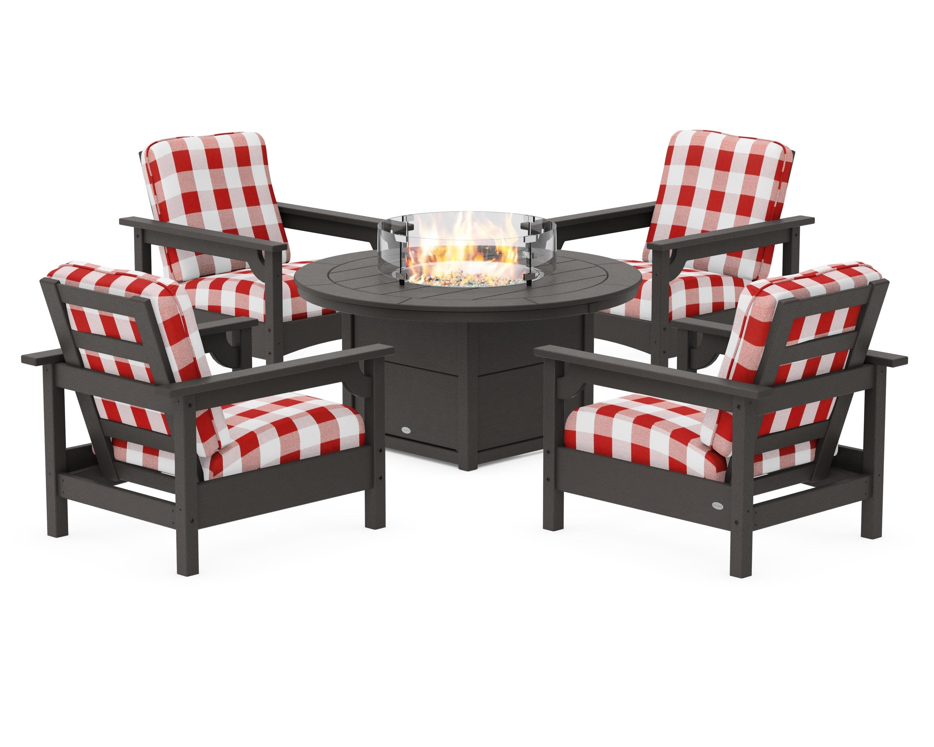Club 5-Piece Conversation Set with Fire Pit Table in Vintage Coffee / Buffalo Plaid Crimson