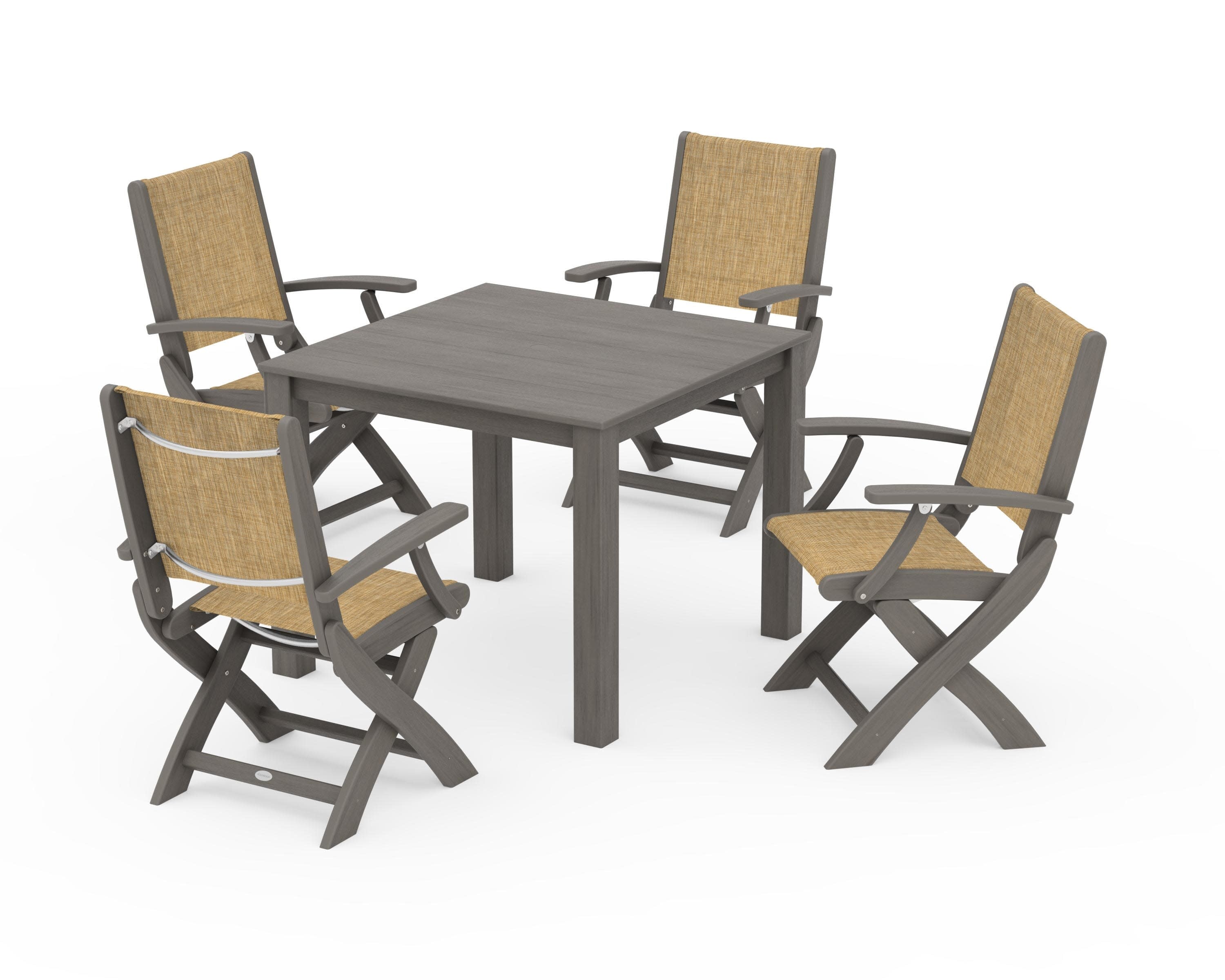 Coastal Folding Chair 5-Piece Parsons Dining Set in Driftwood / Burlap Sling
