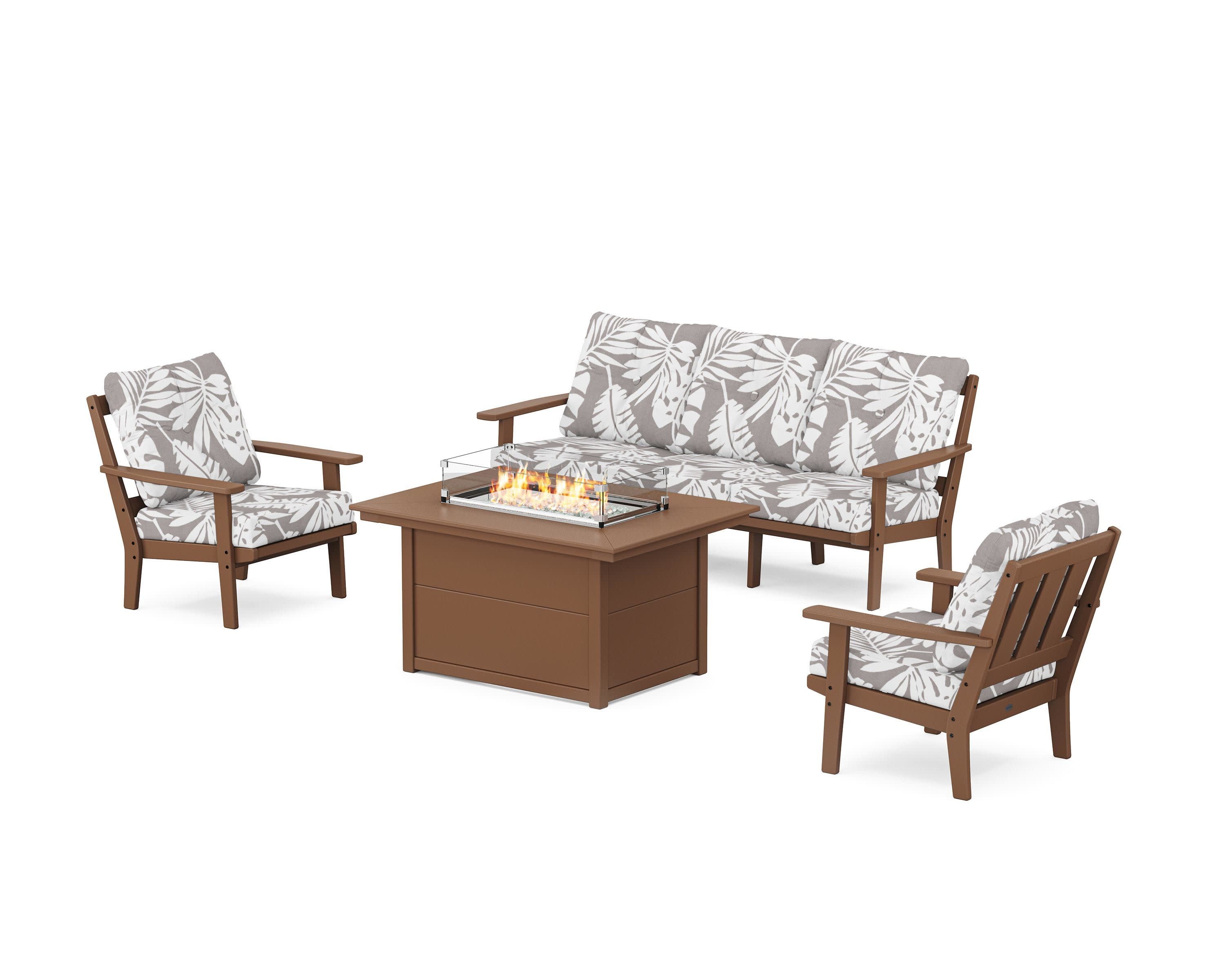 Oxford Deep Seating Fire Pit Table Set in Teak / Leaf Grey Mist